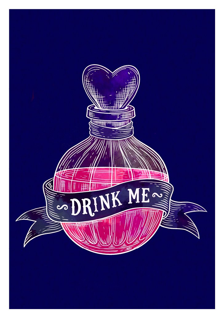 An illustration of an antique glass bottle with a heart-shaped top, filled with pink liquid. A banner across the bottle reads 'DRINK ME'.