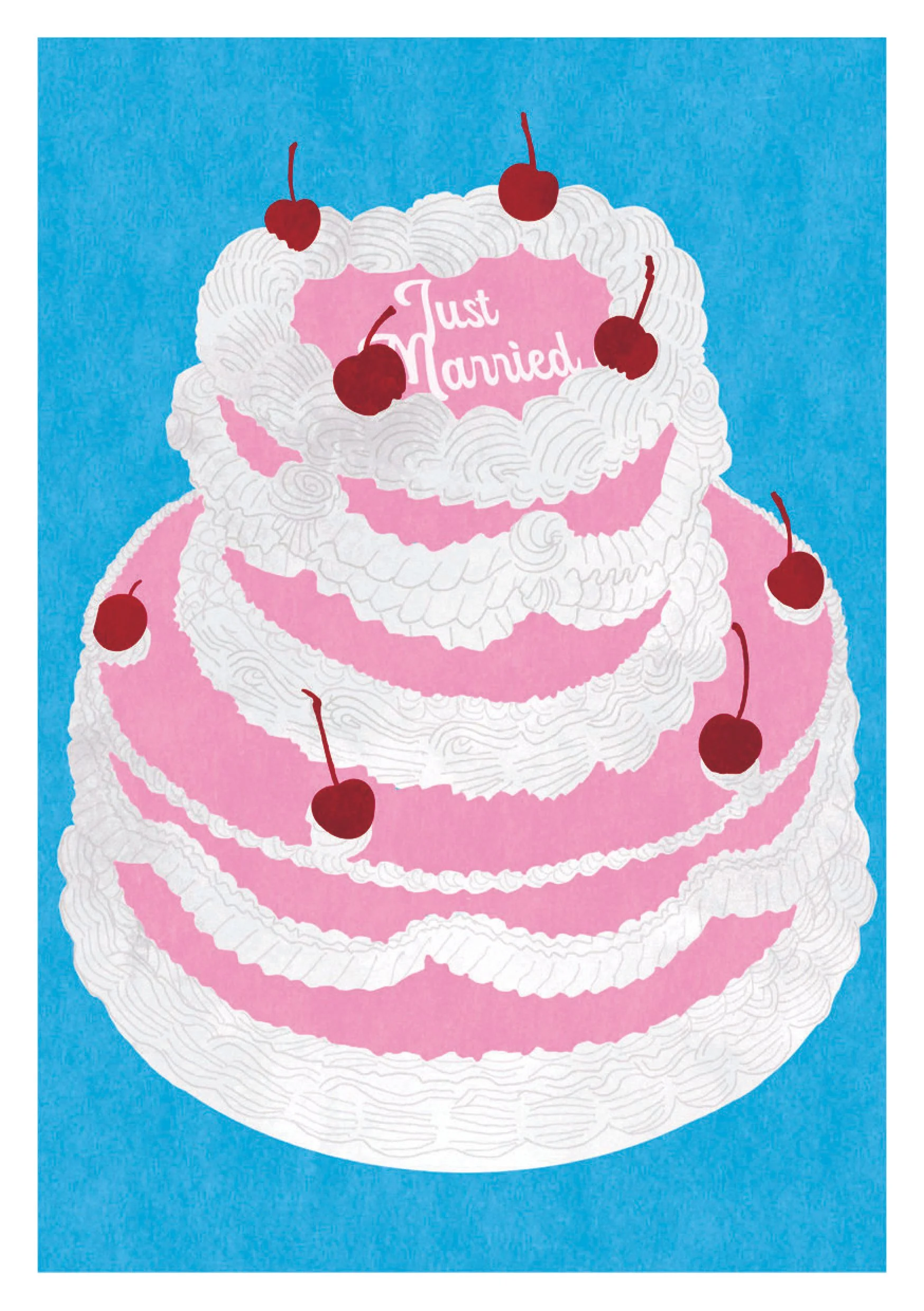 Illustration of a tiered pink wedding cake with white icing decorated with red cherries, on a blue background – icing on top says 'Just Married.'