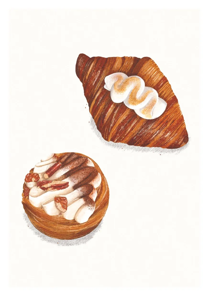 Pencil and watercolour illustration of 2 pastries from Dune Bakery in South Queensferry, Edinburgh