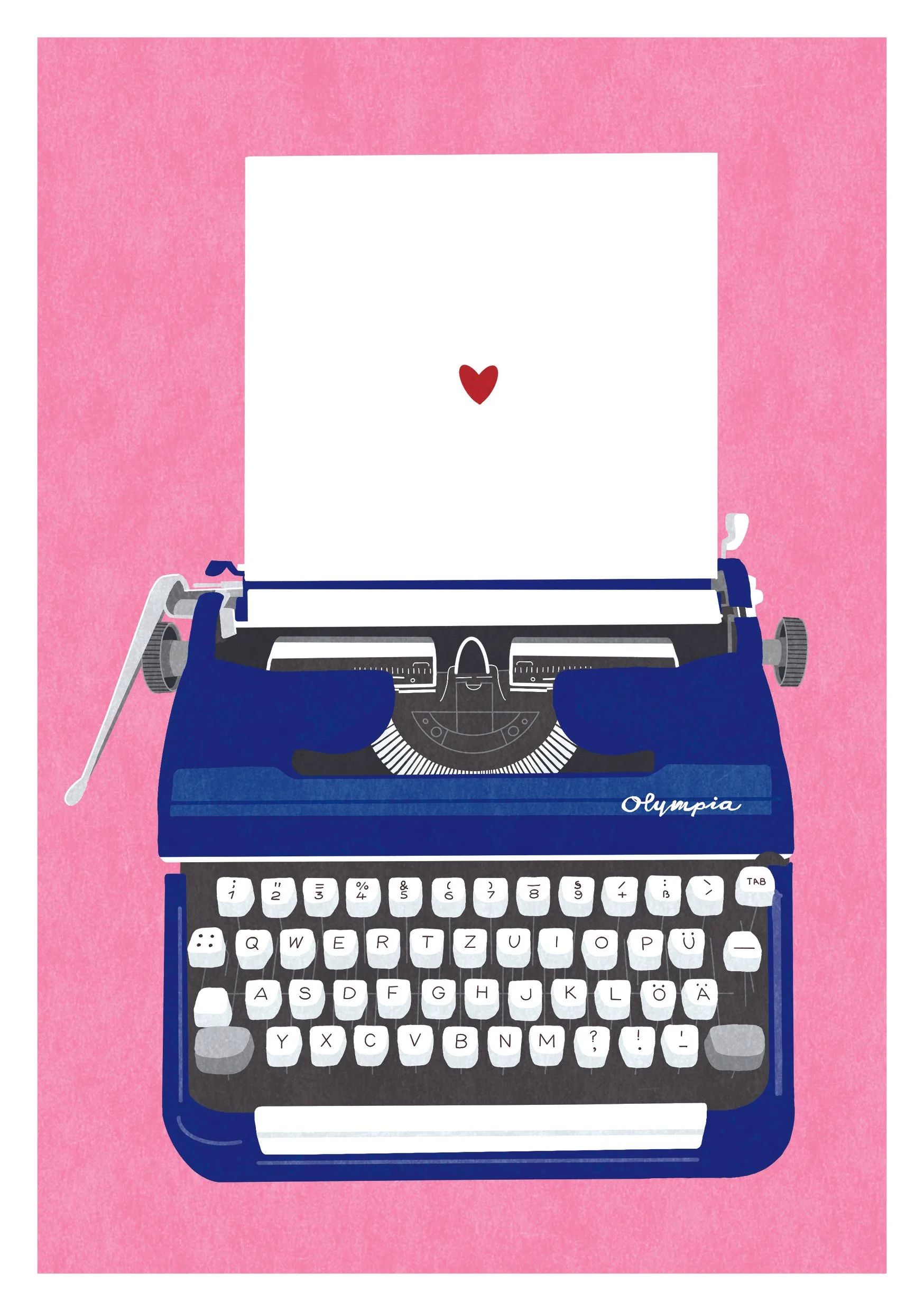 A vintage blue Olympia typewriter with white keys featuring black letters, set against a pink background with a blank white paper and a small red heart drawn on it.