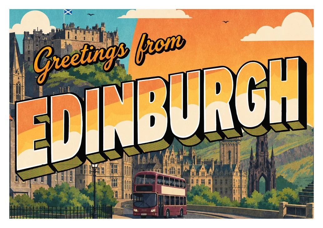 Illustration of a colourful, vintage-style postcard featuring Edinburgh Castle, historic architecture and landmarks, and a maroon double-decker bus. The words 'Greetings from Edinburgh' are in bold letters.