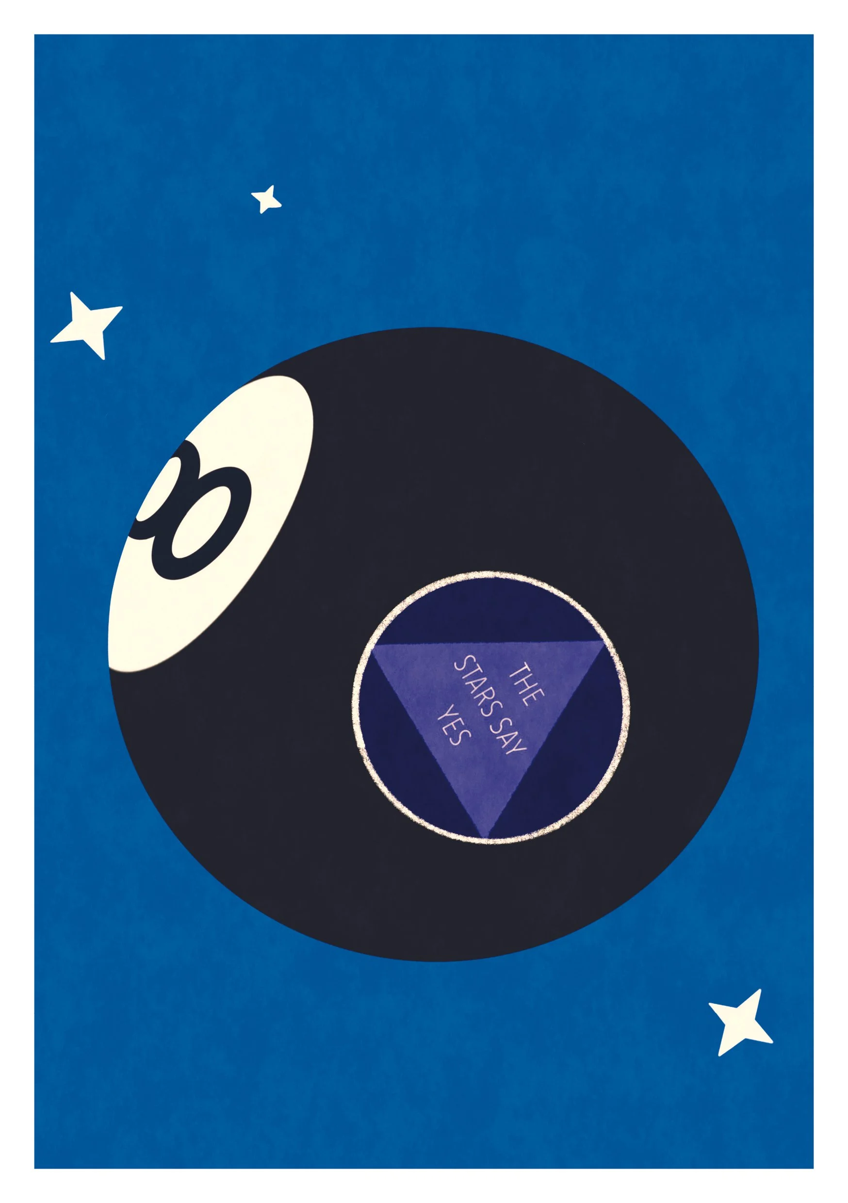 Illustration of a Magic 8 ball which reads 'The stars say yes', set against a blue background with white star decorations.