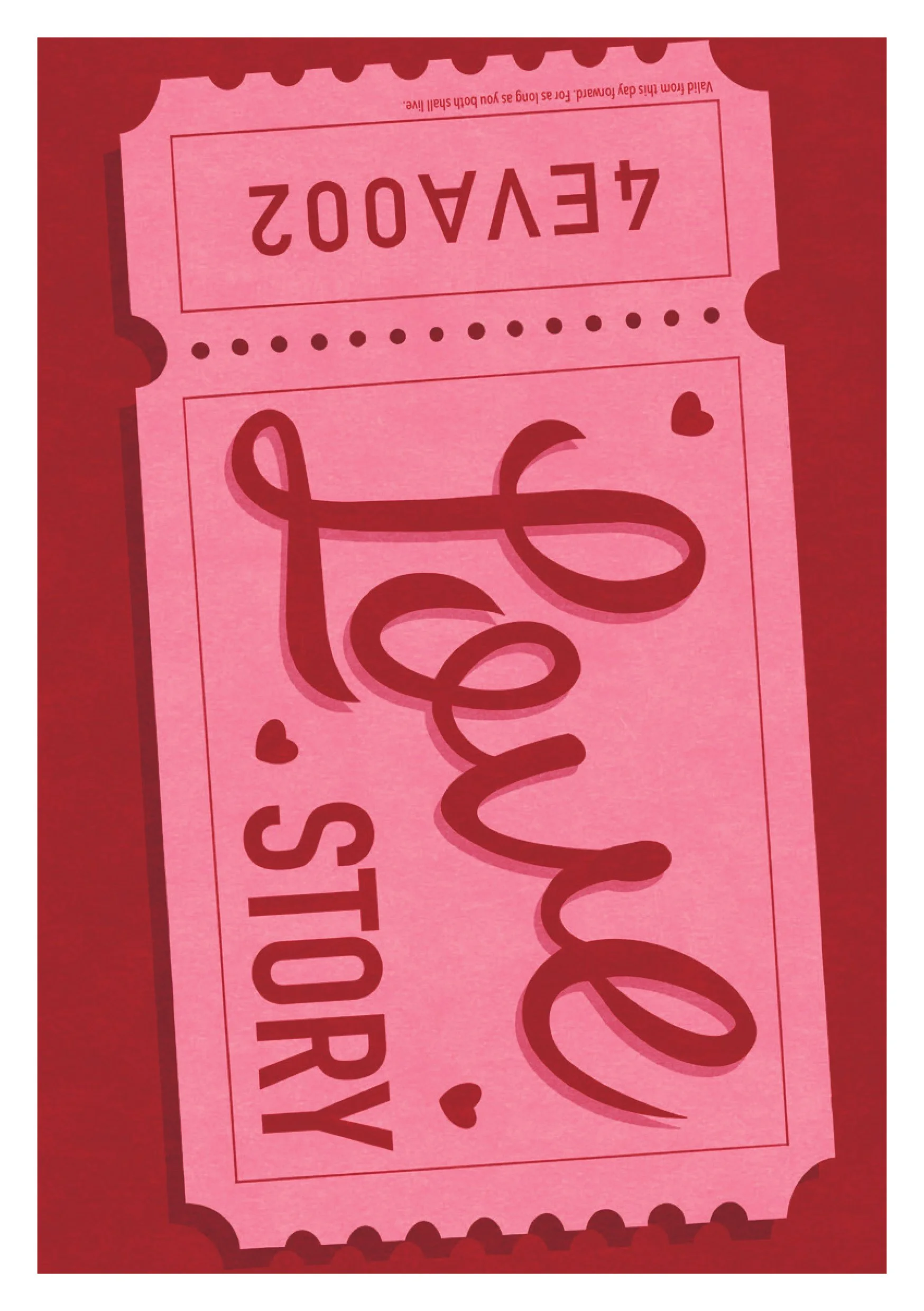Pink ticket-shaped illustration that reads 'Love Story' with small hearts, on a red background.