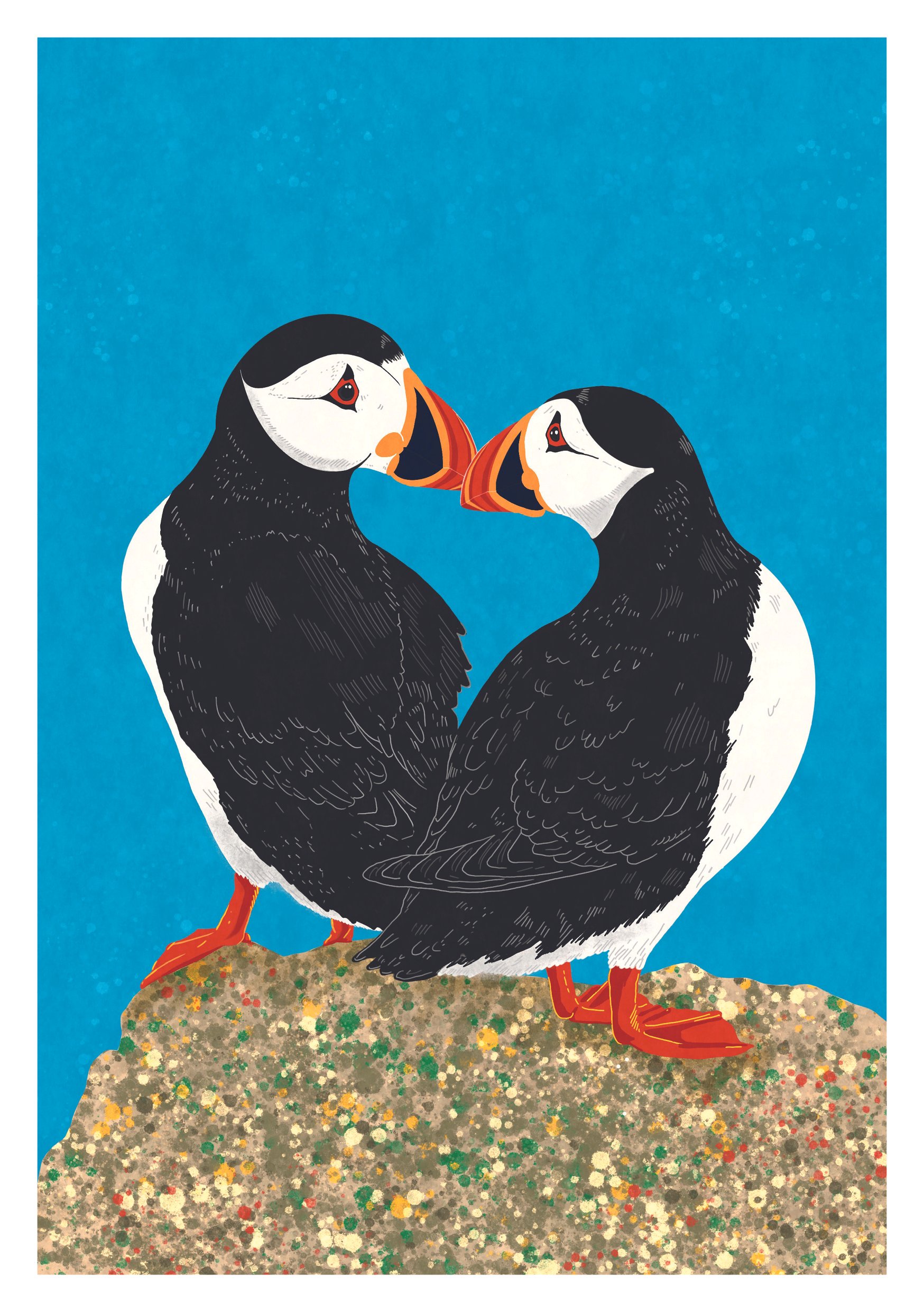 Illustration of 2 puffin birds together, forming a heart-shape, standing on a speckled rock with a blue background.