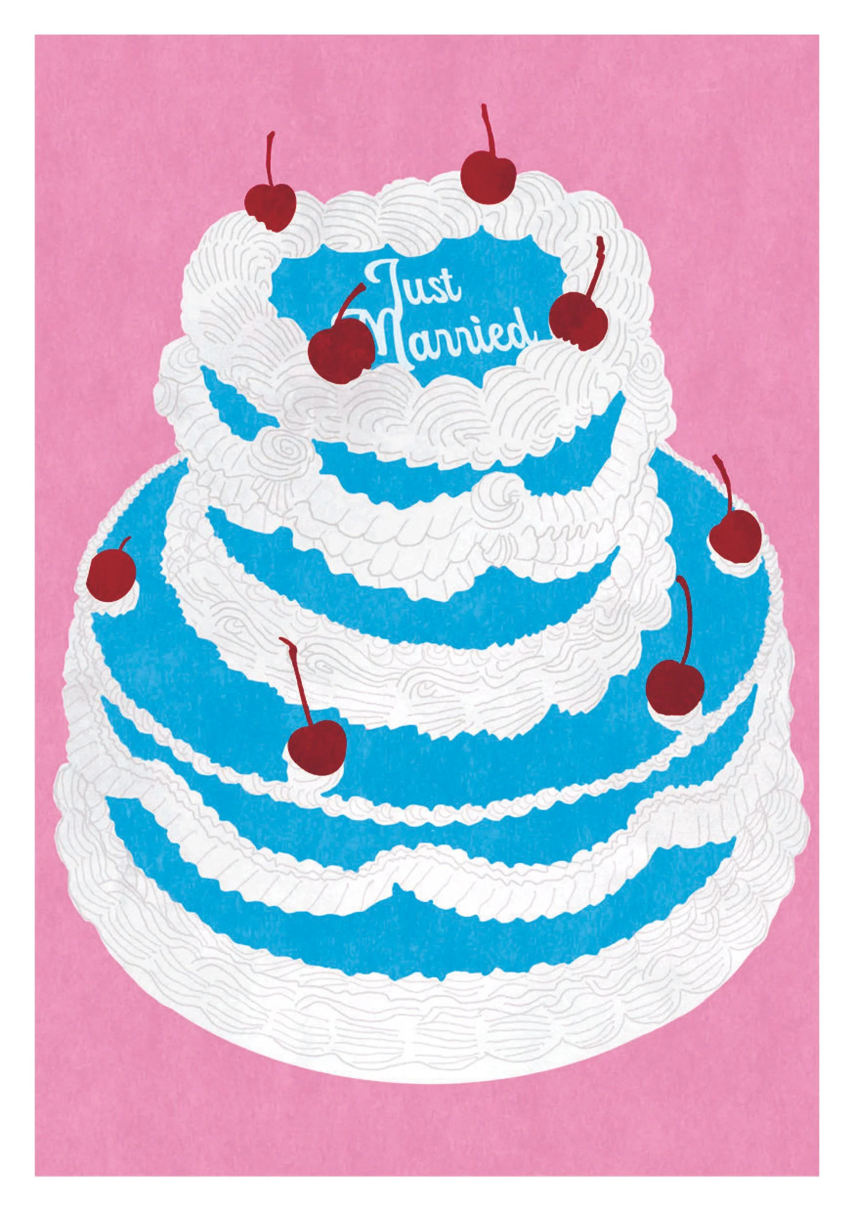 Illustration of a tiered wedding cake with white icing decorated with red cherries and blue frosting, on a pink background – icing on top says 'Just Married.'