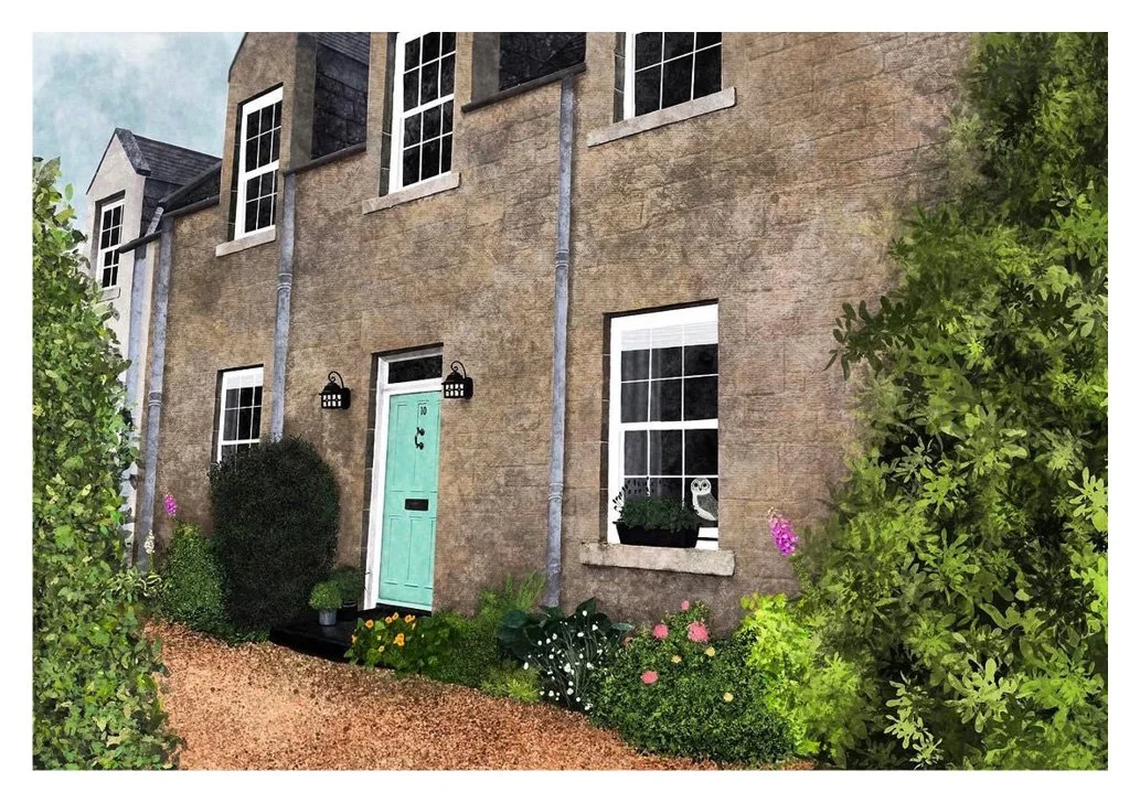 Illustration of a house in South Queensferry with a brick exterior, white-framed windows, and a mint green front door. Plants and flowers along the pathway lead to the door with an owl ornament in the window.