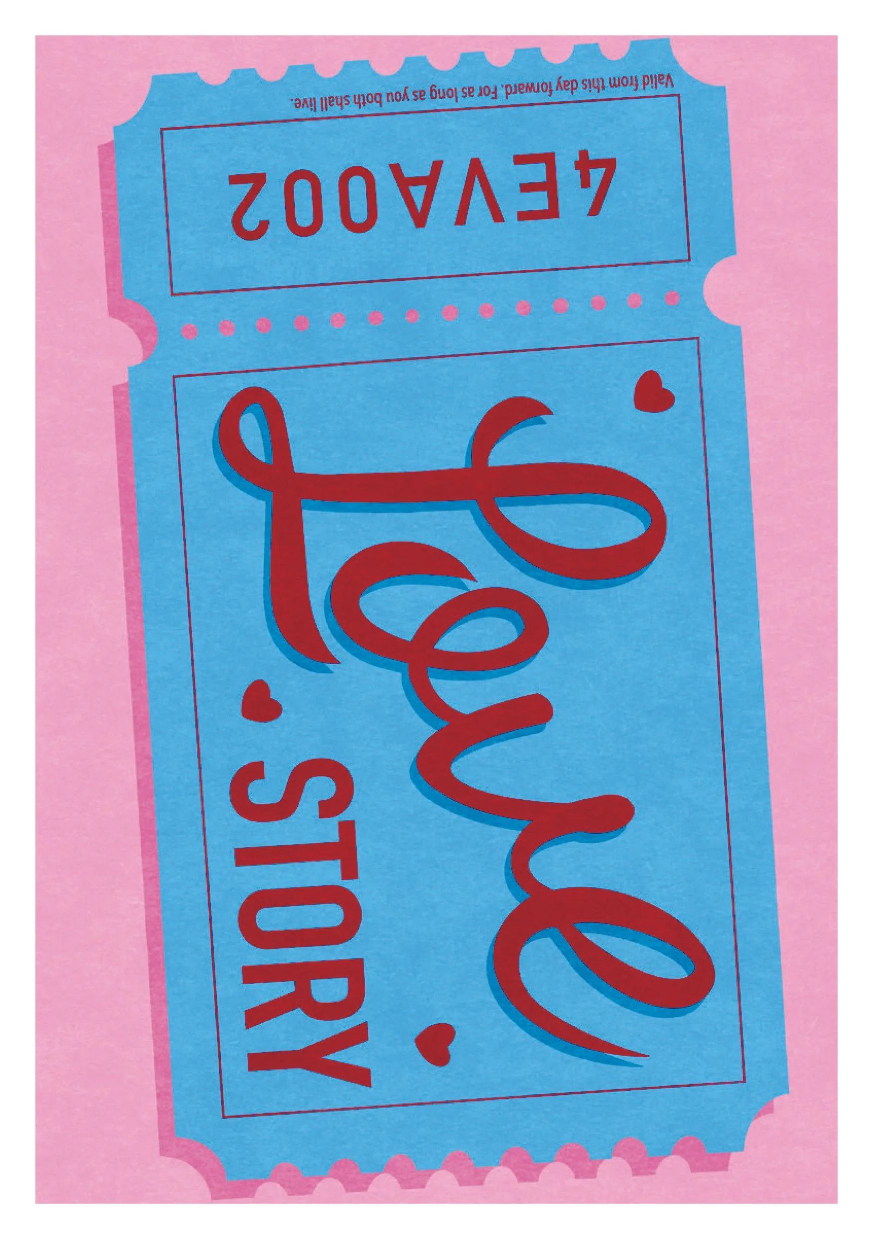 Blue ticket-shaped illustration that reads 'Love Story' with small hearts, on a pale pink background.