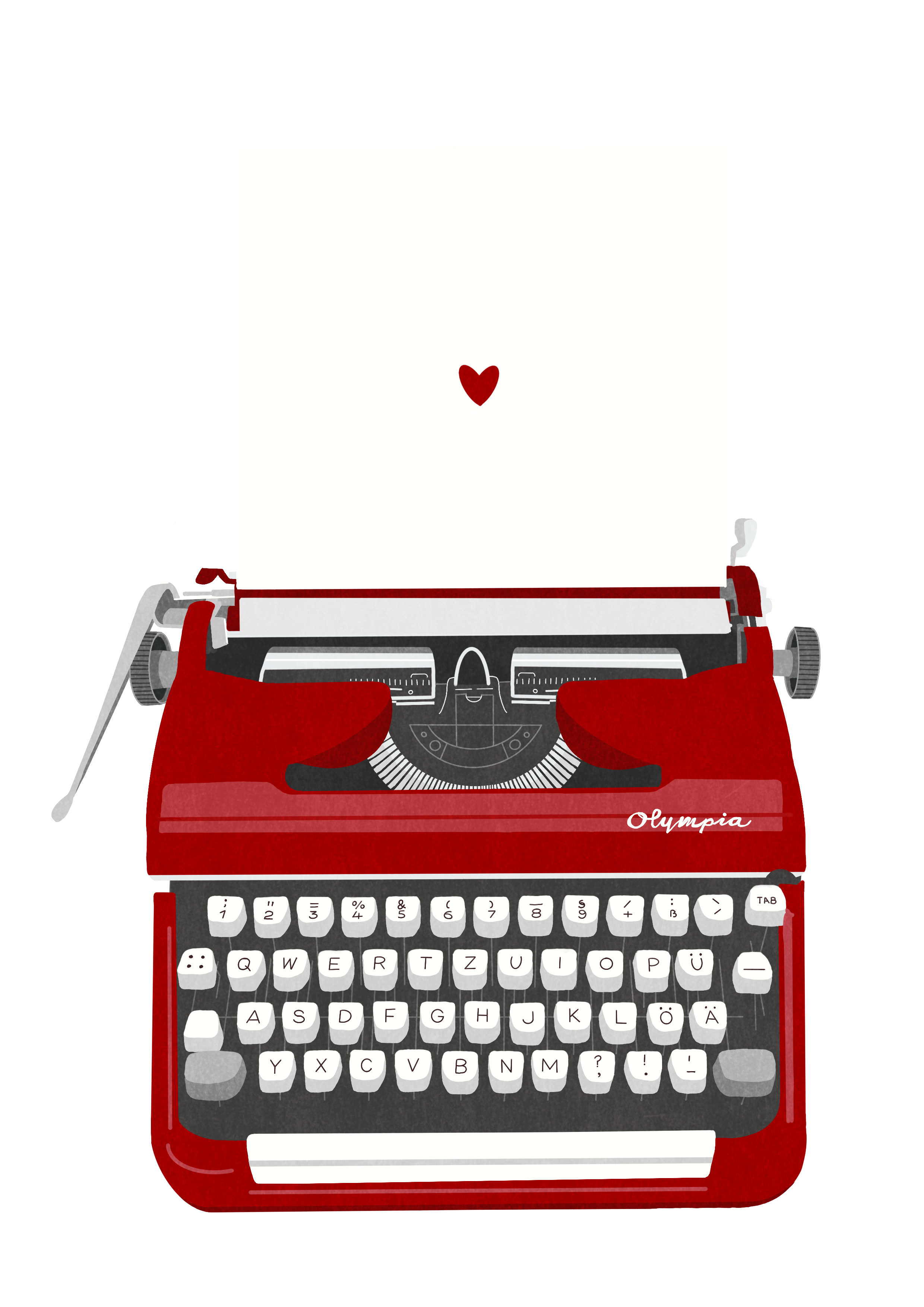 A vintage red Olympia typewriter with white keys displaying Spanish alphabet characters, a blank white paper with a small red heart in the center, and colored paper clips on the right side.
