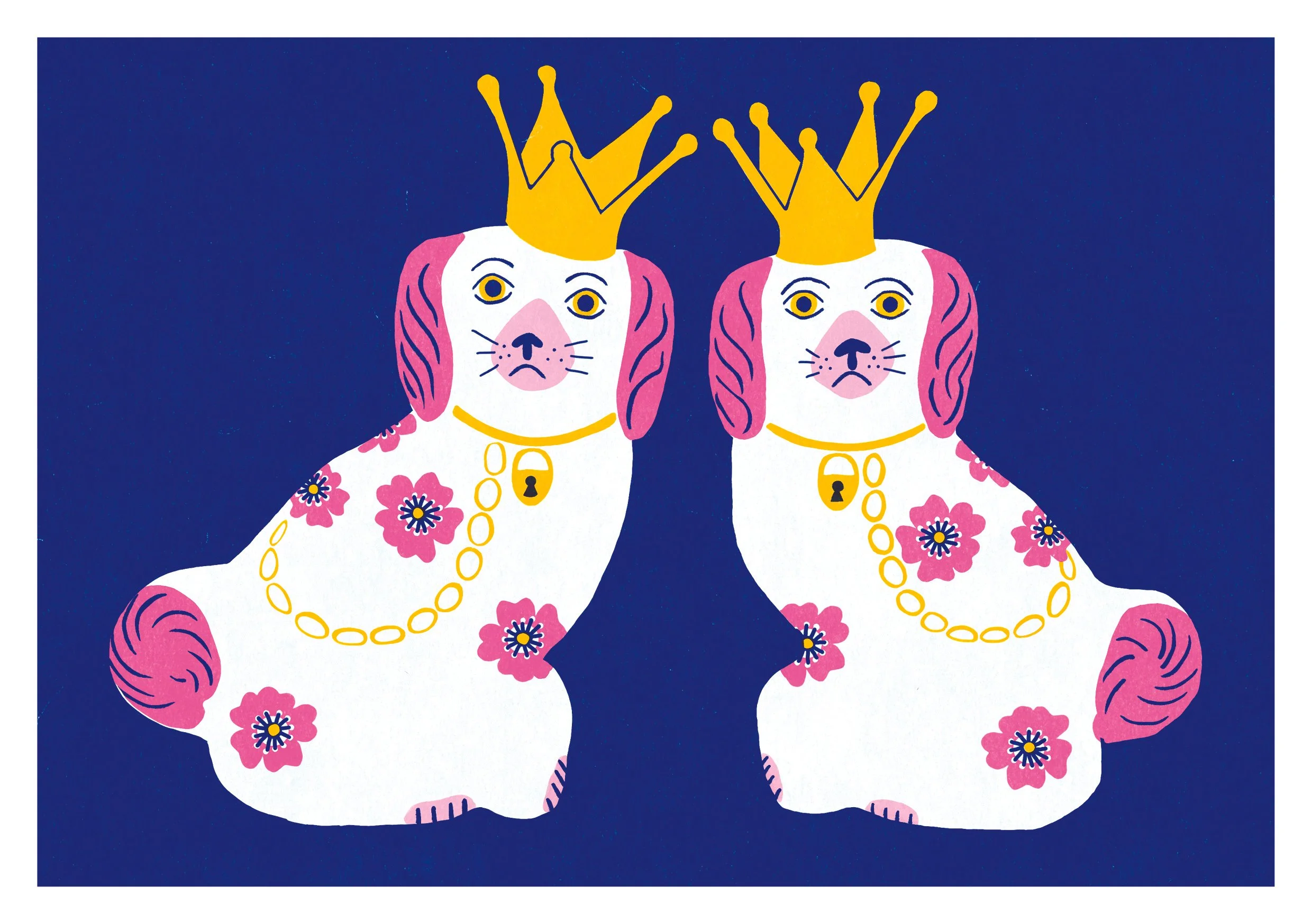 Two illustrated Wally Dugs (King Charles spaniel dogs) with pink and white fur, wearing yellow crowns and leads with lock charms, sitting against a navy blue background.
