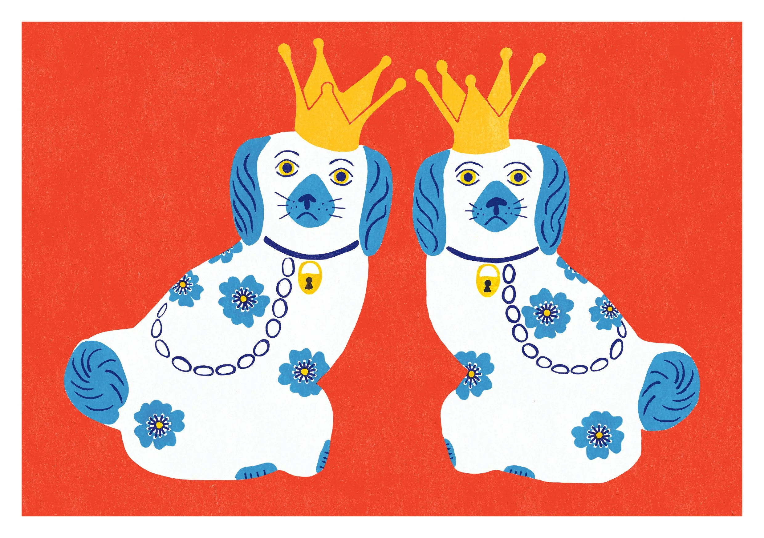 Two illustrated Wally Dugs (King Charles spaniel dogs) with blue and white fur, wearing yellow crowns and decorative leads with lock charms, sitting against an orange background.