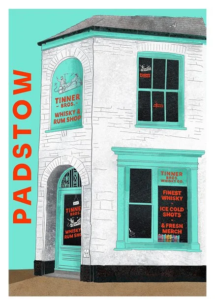 Pencil and watercolour illustration of Tinner Bros store in Padstow, Cornwall