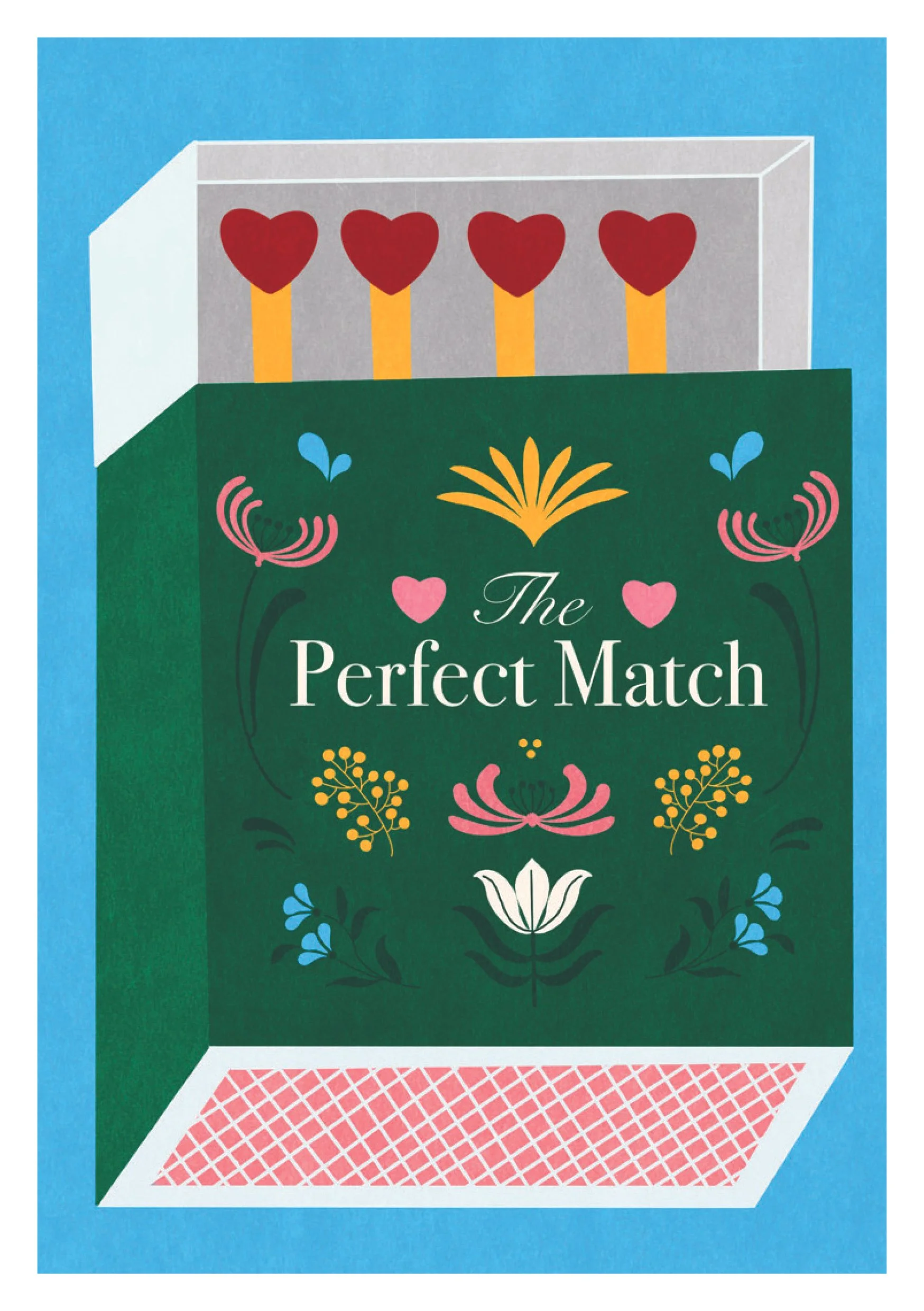 Illustration of a green matchbox with four heart-shaped matches, decorated with floral patterns, and the title 'The Perfect Match' on the front.