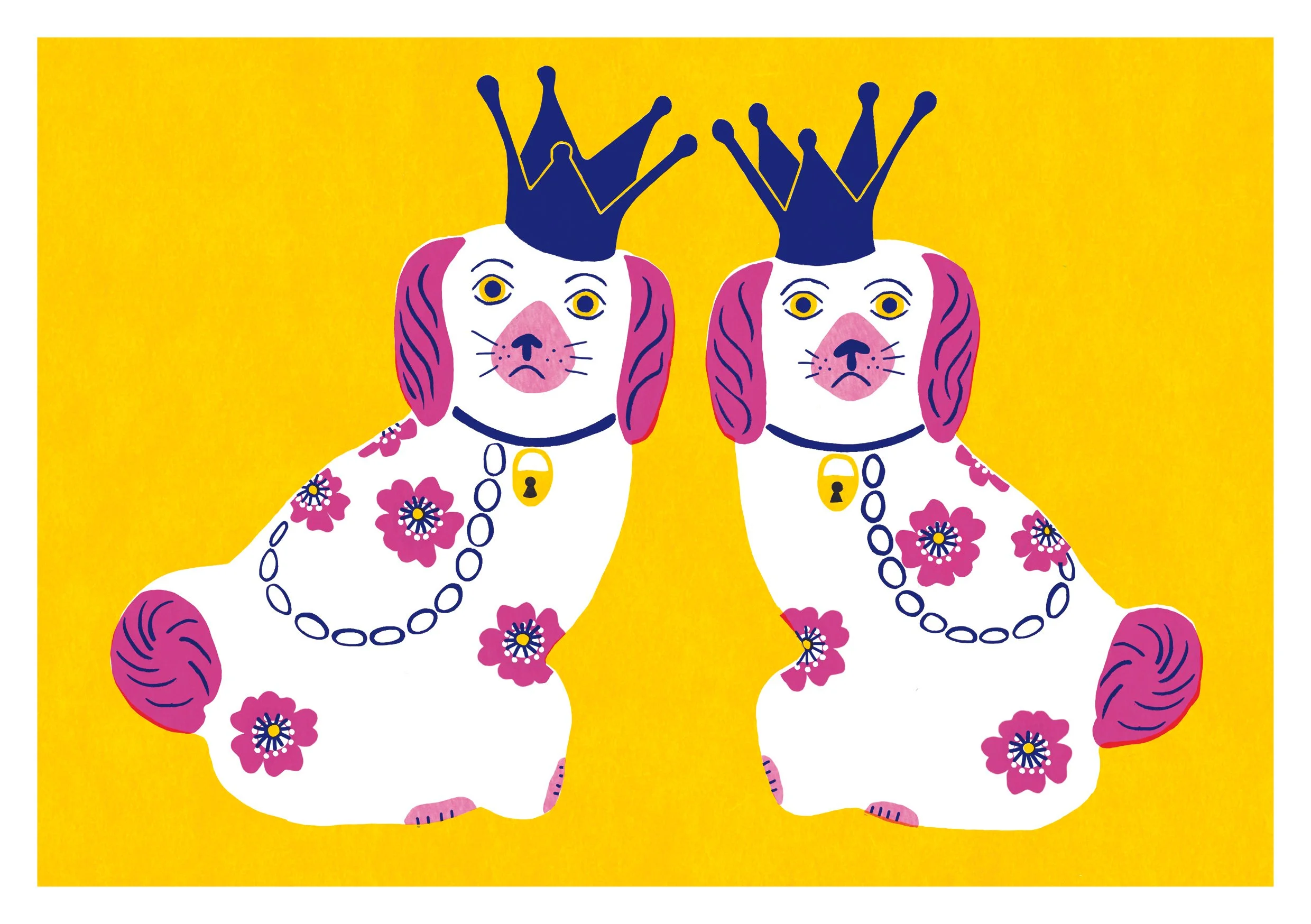 Two illustrated Wally Dugs (King Charles spaniel dogs) with pink and white fur, wearing navy blue crowns and leads with lock charms, sitting against a yellow background.