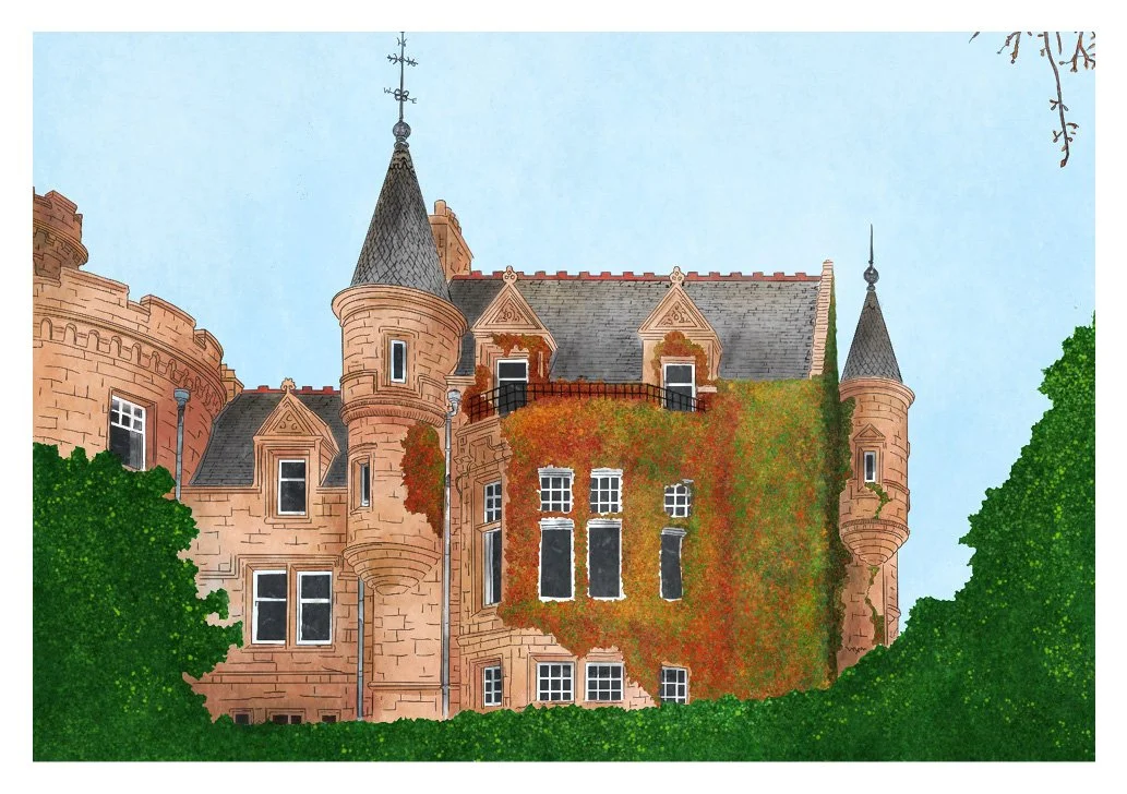 An illustration of Manor House, Edinburgh Zoo. A grand building with rust coloured stone walls, towers with conical roofs, ivy growing on one side, and lush green trees in the foreground against a blue sky.