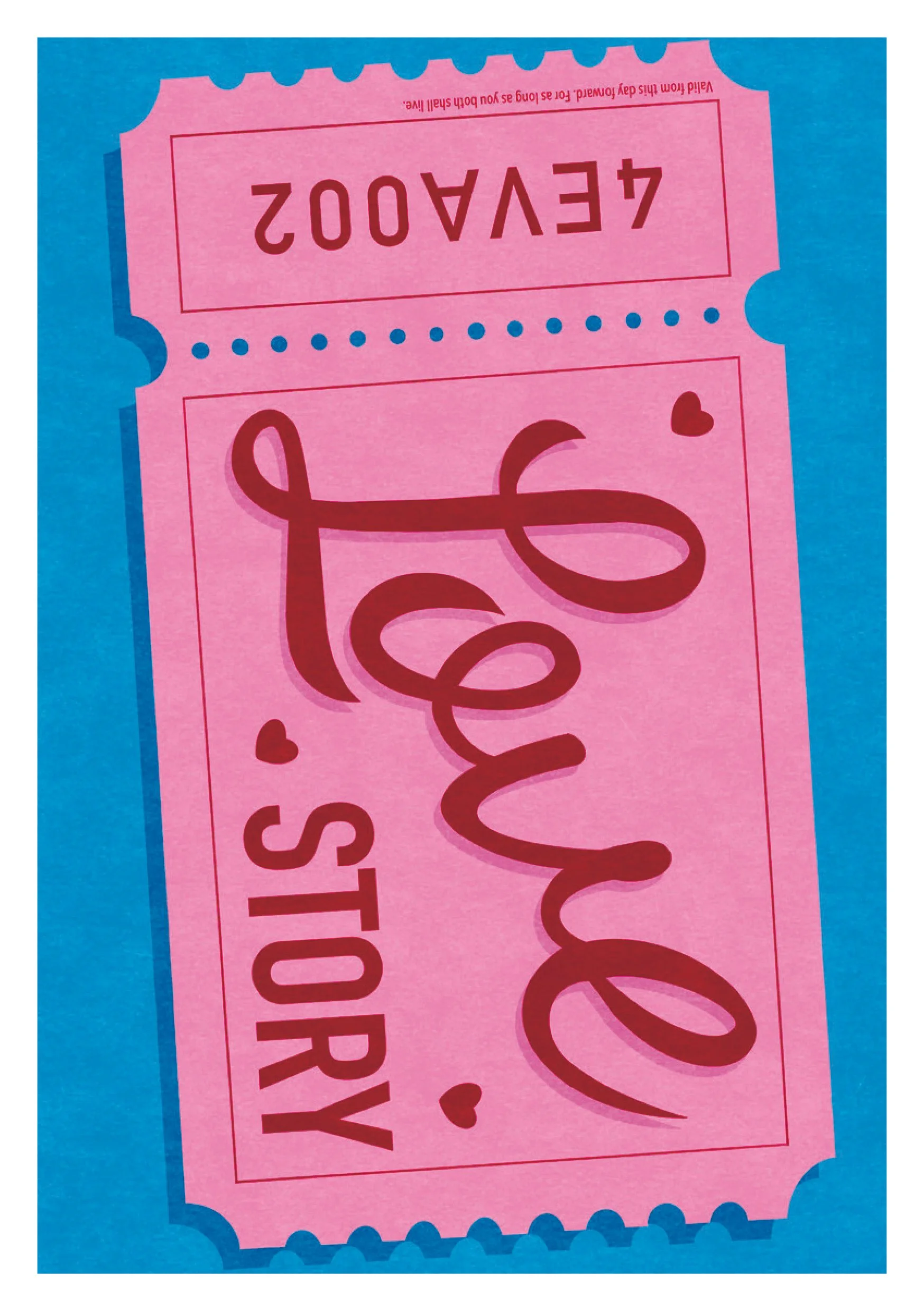 Pink ticket-shaped illustration that reads 'Love Story' with small hearts, on a blue background.