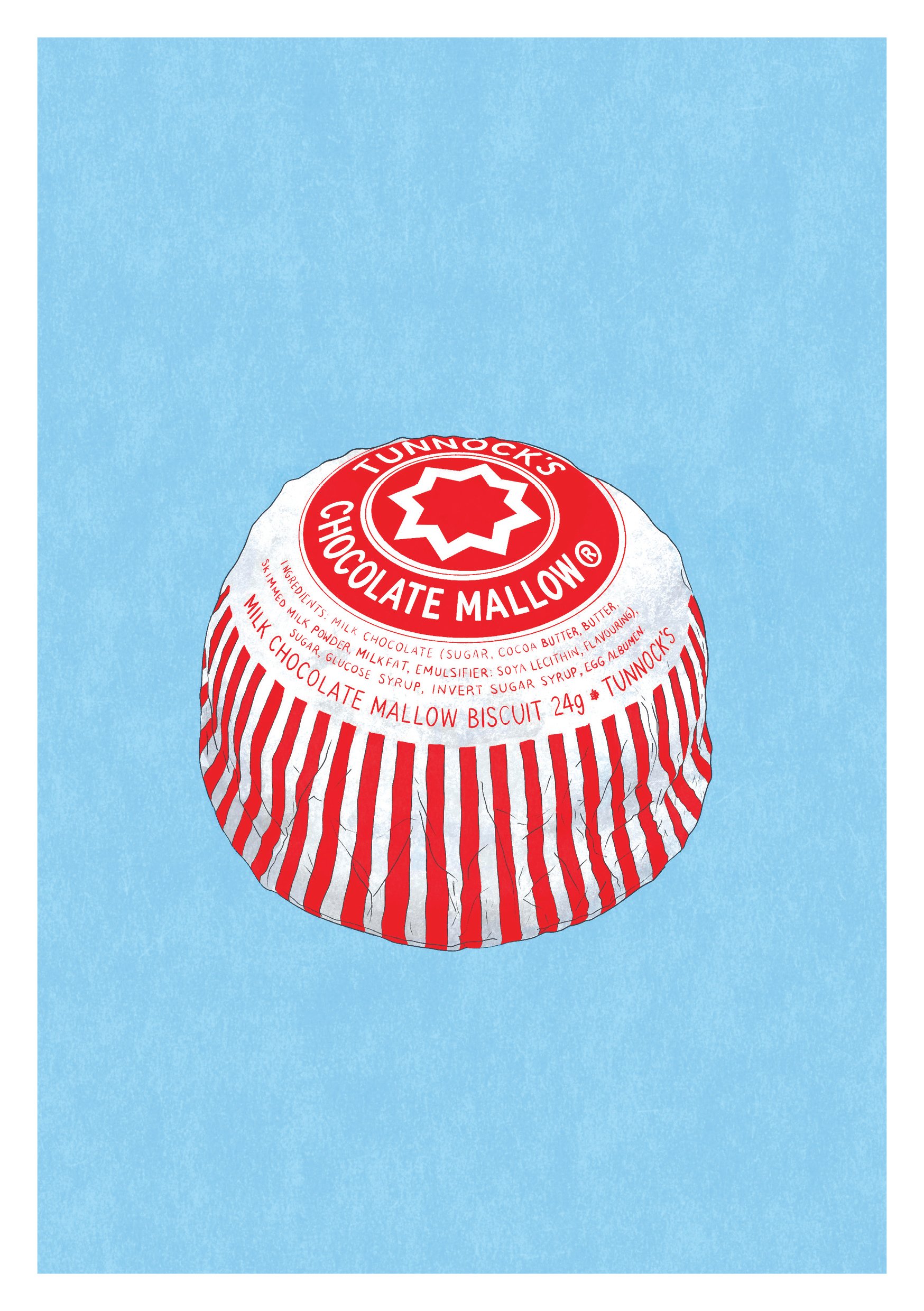 A Tunnock's teacake chocolate mallow biscuit wrapper on a blue background.