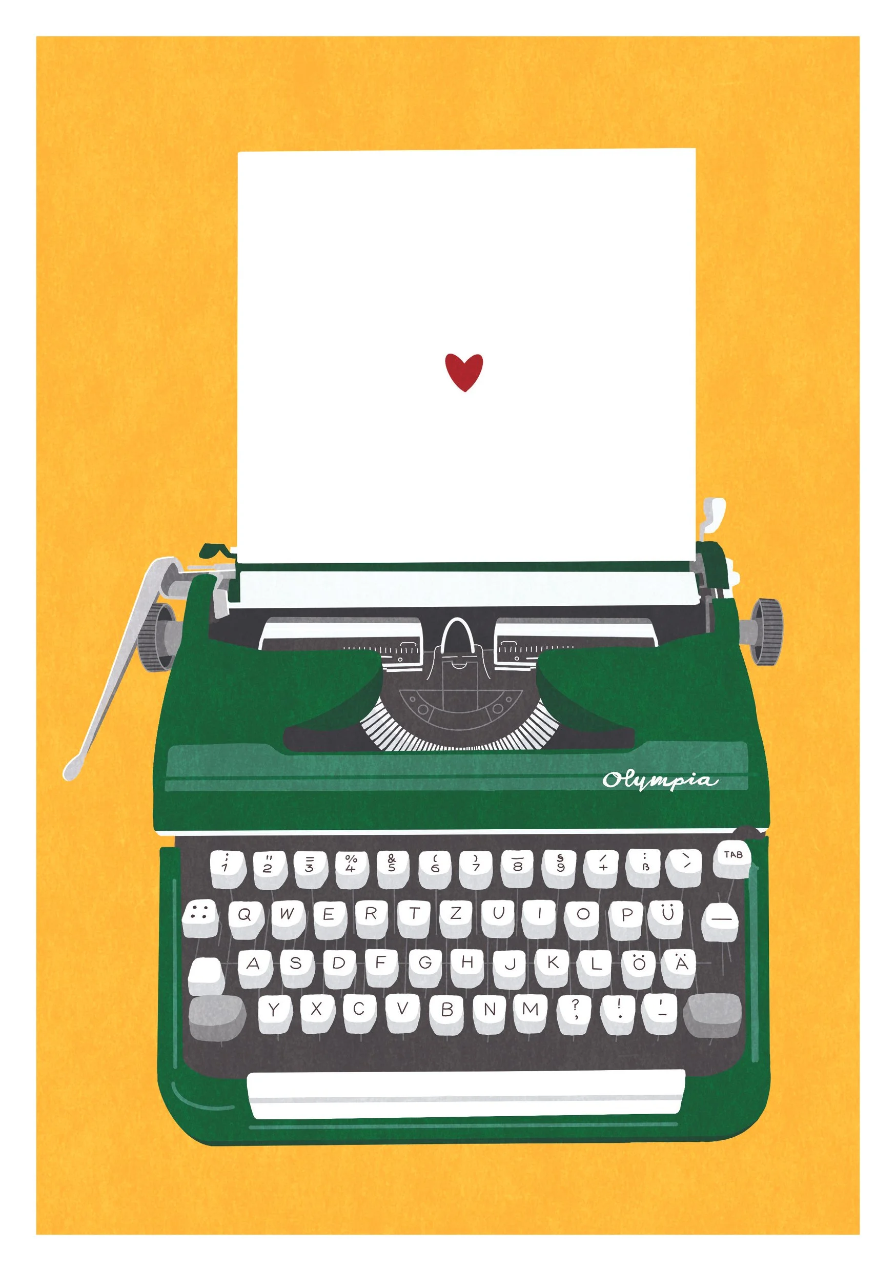 Illustration of a vintage green Olympia typewriter with white keys, set against a yellow background, with a small red heart on the blank sheet of paper in the typewriter – a love letter.