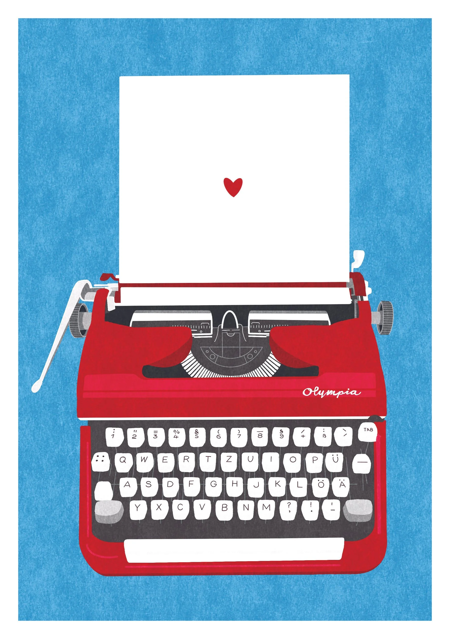 Illustration of a vintage red Olympia typewriter with white keys, set against a blue background, with a small red heart on the blank sheet of paper in the typewriter – a love letter.