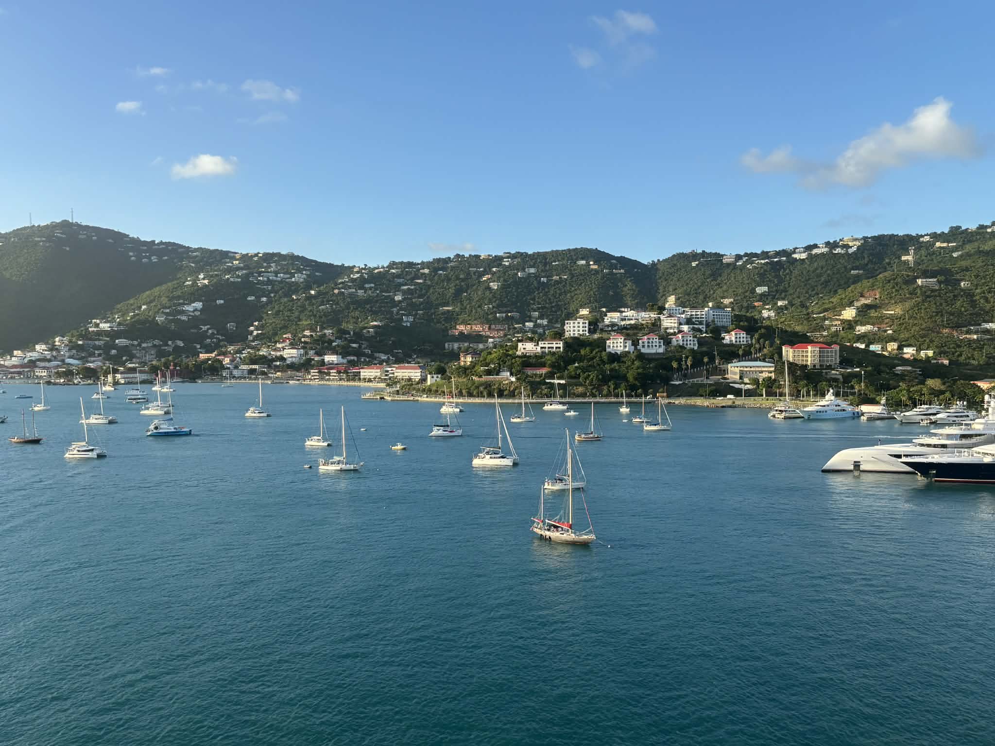 A harbor with sailboats and yachts on calm blue water, with green hills and buildings in the background under a clear sky.