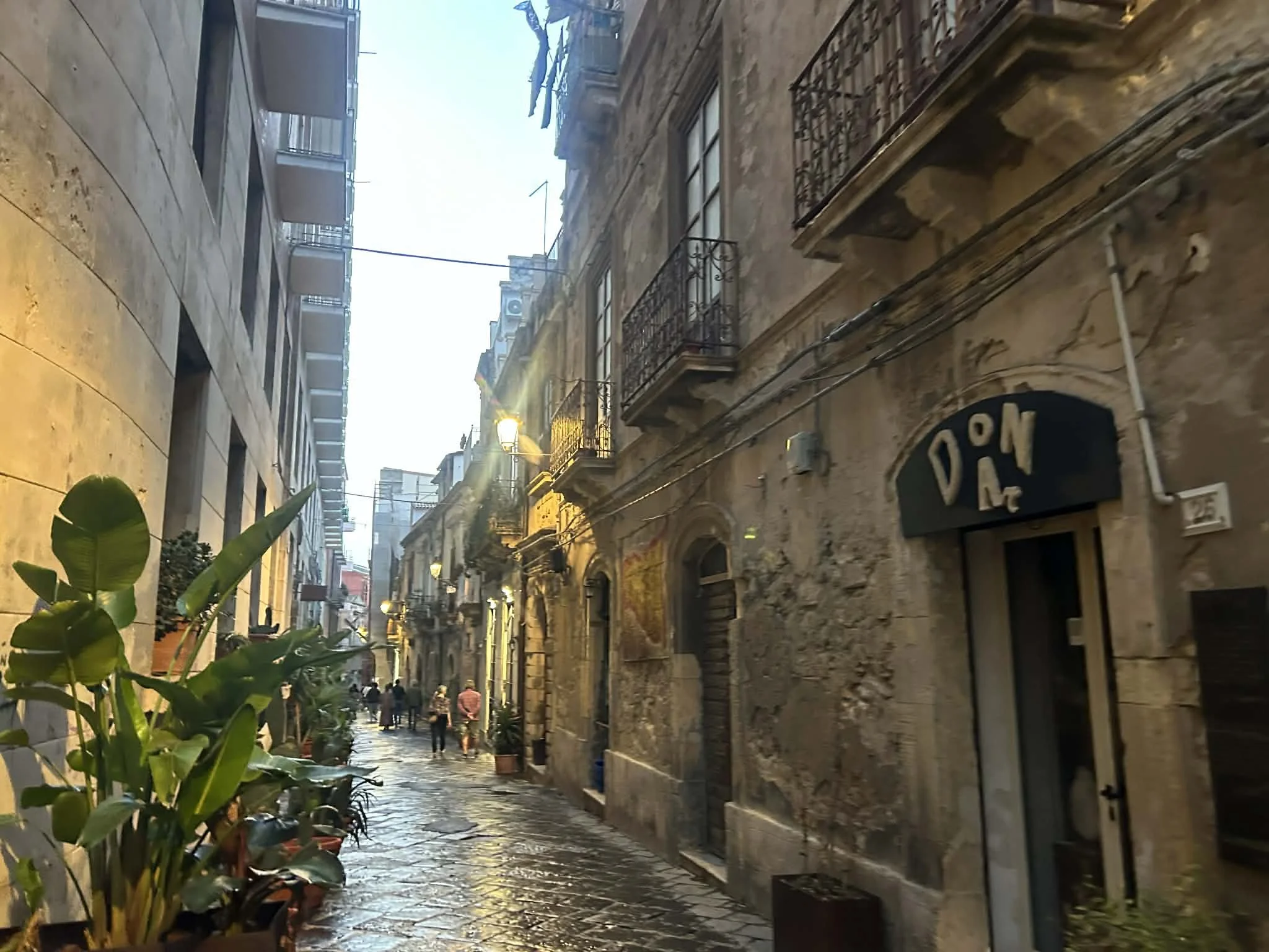 Narrow cobblestone street lined with old buildings, some with small balconies, in a European city during early evening with a group of people walking. Some potted plants are visible in the foreground.