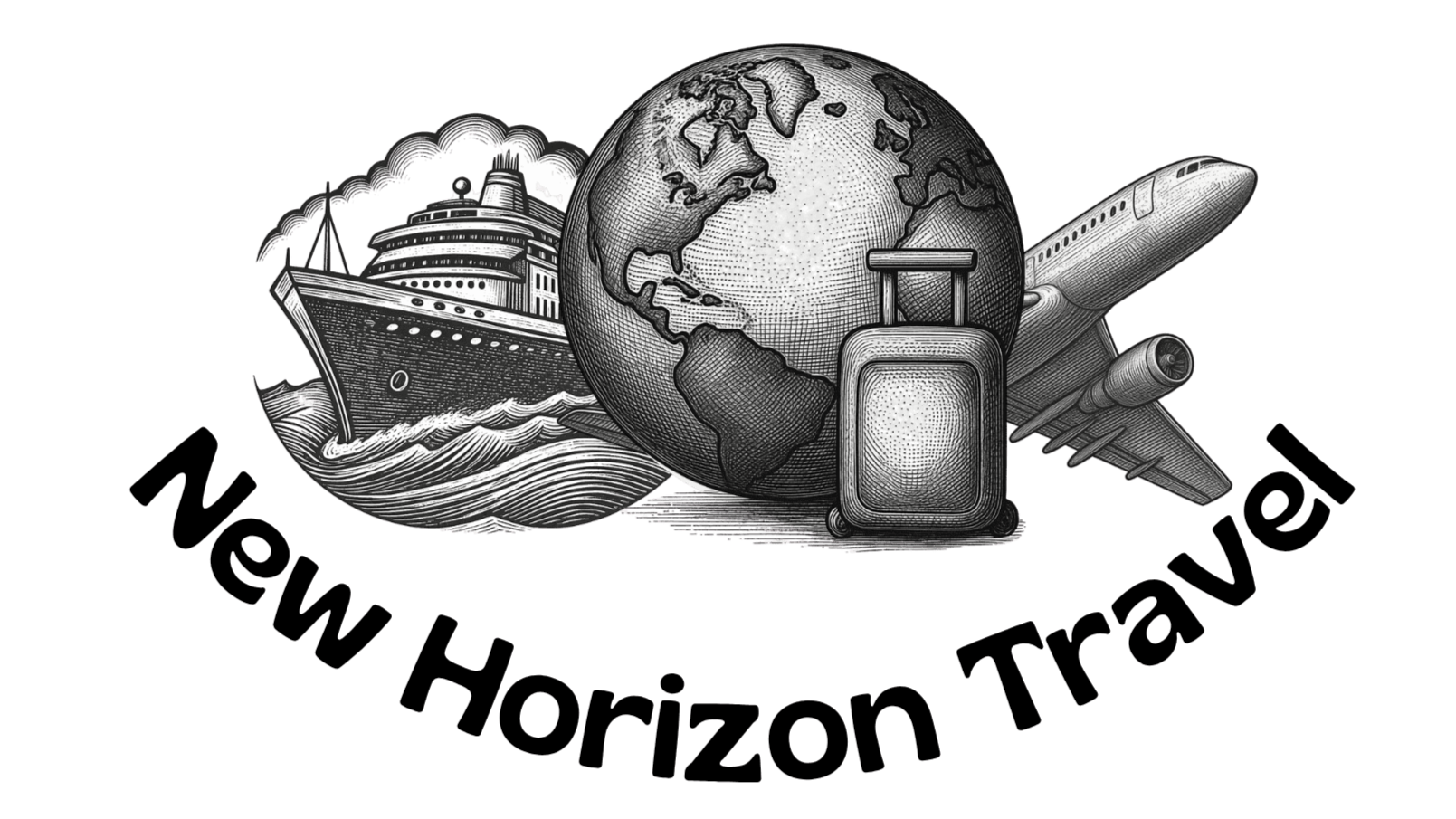 Black and white illustration of a cruise ship, a globe, a suitcase, and an airplane, with a curved caption reading 'New Horizon Travel'.