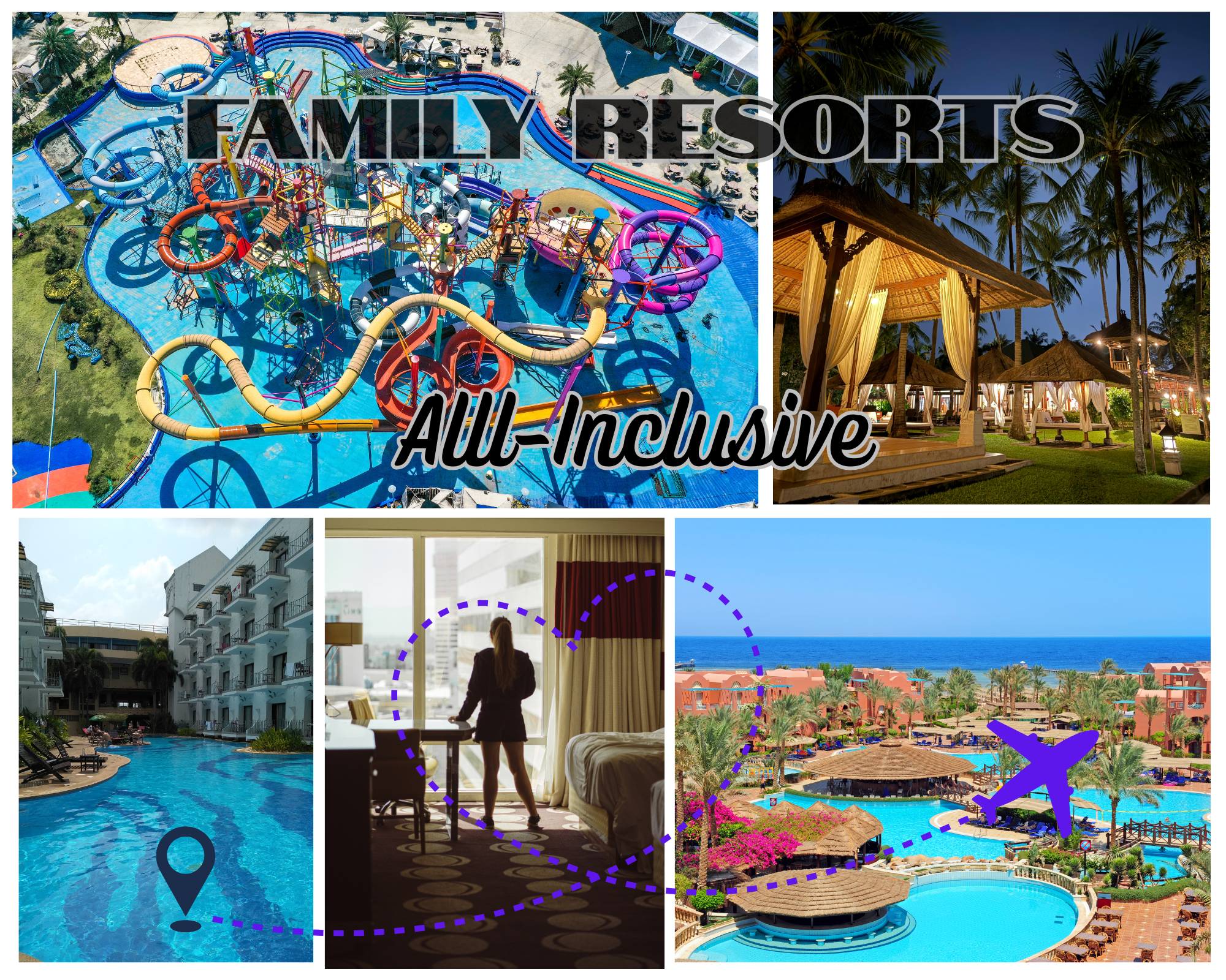 A collage of five images showcasing a family resort. The top left features a large water park with slides and pools. The top right displays an outdoor lounge area with cabanas and palm trees at sunset. The bottom left shows a poolside view of a modern hotel with lounge chairs. The bottom middle depicts a woman standing by a window in a hotel room, looking out at the city. The bottom right presents a panoramic view of the resort with multiple pools, palm trees, and the ocean in the background, with an airplane icon over the scene.
