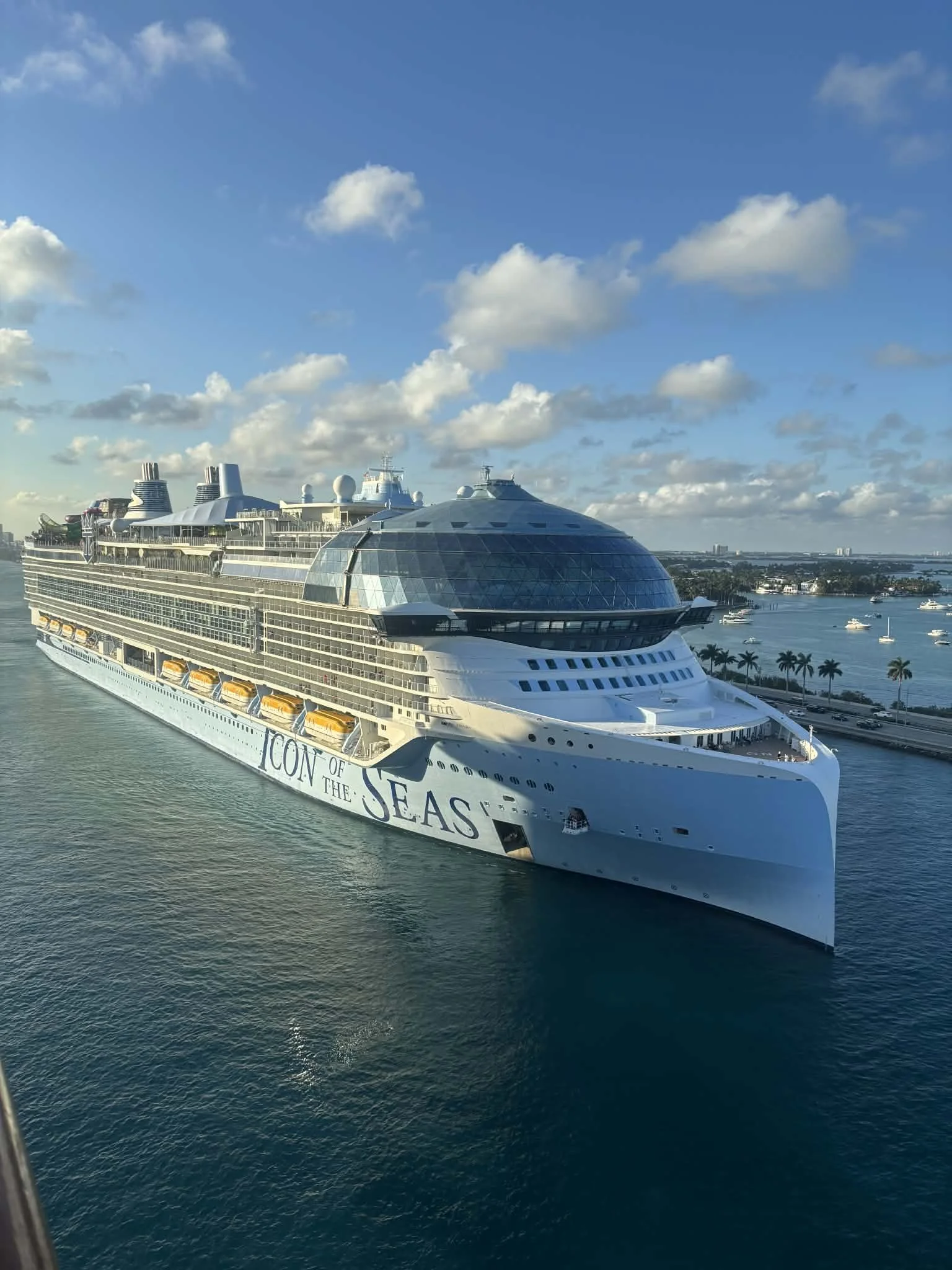 A large white cruise ship with the words "ICON OF THE SEAS" on its side, docked in a harbor with calm water, several boats, palm trees, and a clear blue sky with scattered clouds.