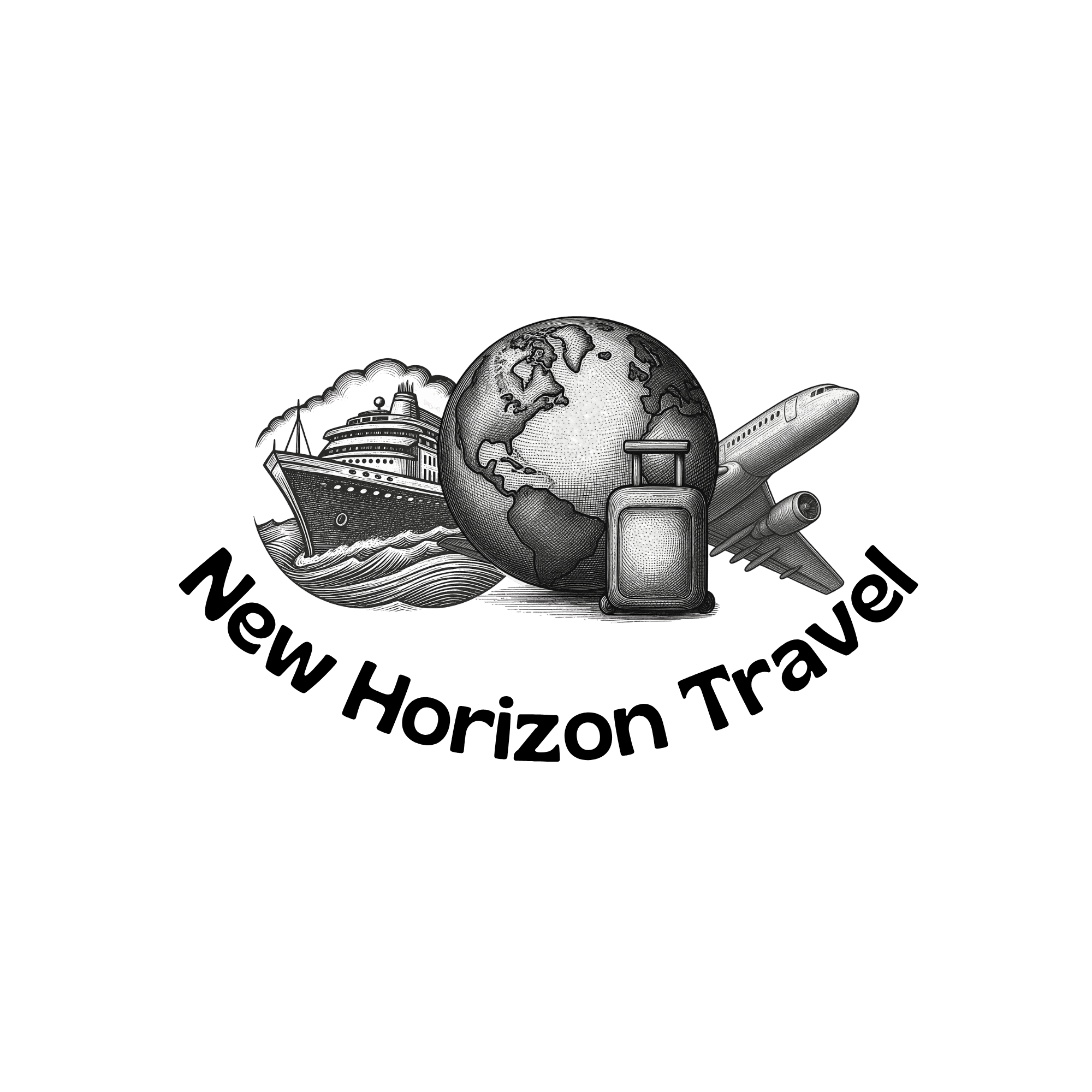 Illustration of a cruise ship, a globe, a suitcase, and an airplane with the text "New Horizon Travel" beneath them.
