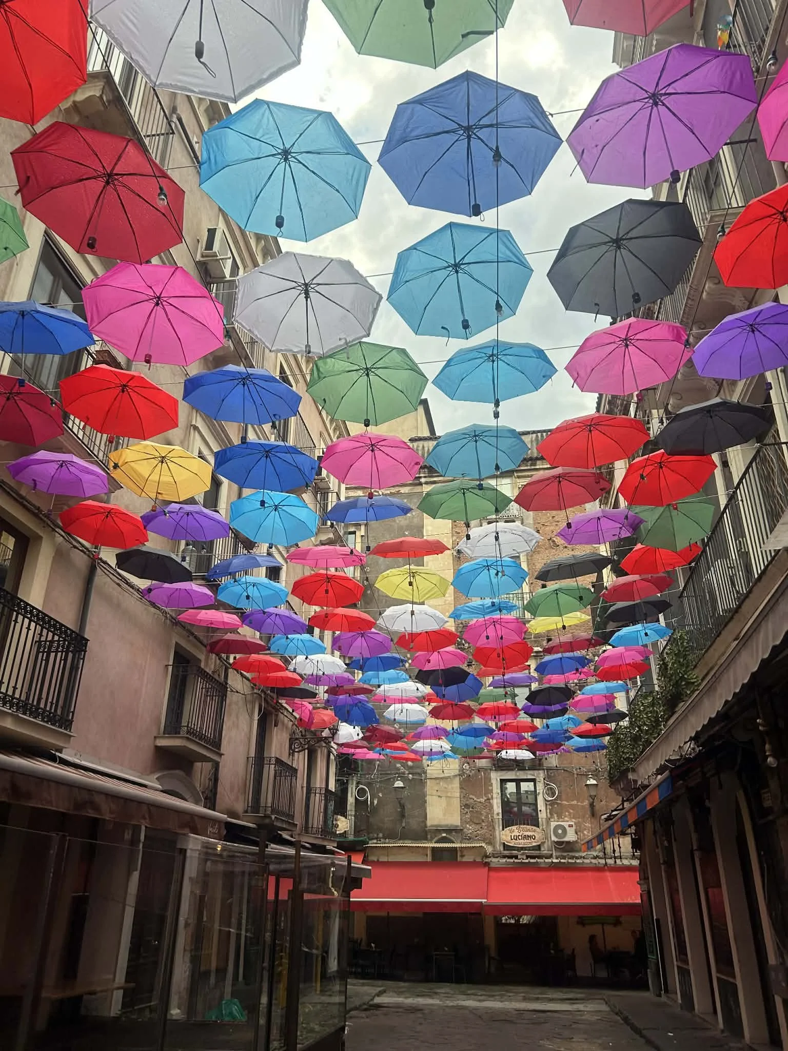 Colorful umbrellas hanging overhead in a city street or courtyard.