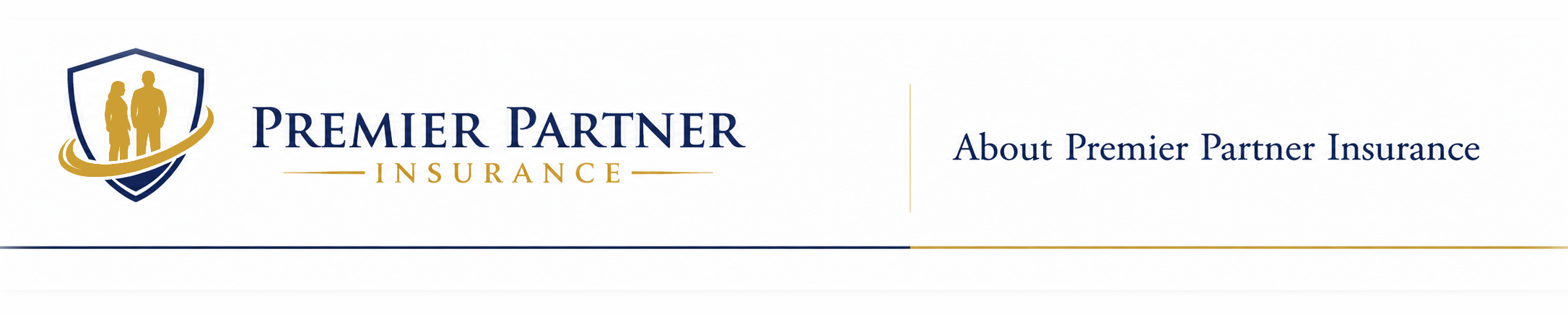 Premier Partner Insurance logo with shield and people icon, blue and gold color scheme, text about insurance