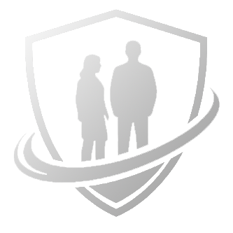 Outline of two people standing in front of a shield-shaped background.