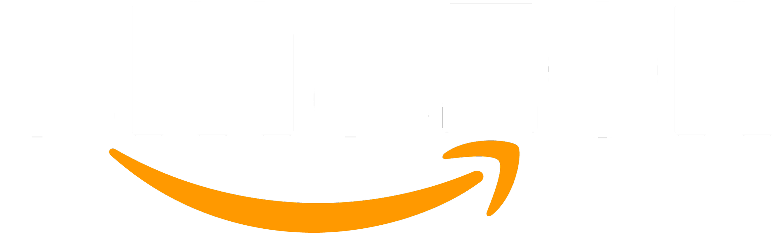 Amazon logo with white text and orange arrow curved upward from the letter "a" to the letter "z".