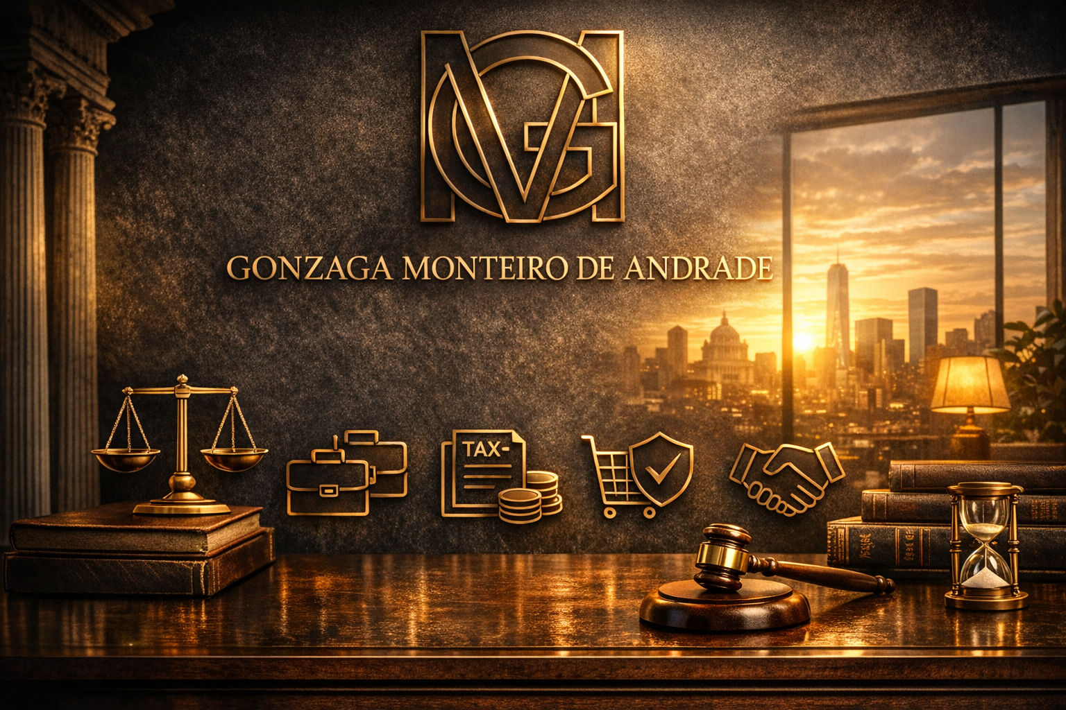 Imagem de um escritório com fundo de janela mostrando o pôr do sol em Nova York, símbolo de balança de justiça, ícones de pastas, impostos, compras online e aperto de mãos, além de livros e um martelo de juiz na mesa.
