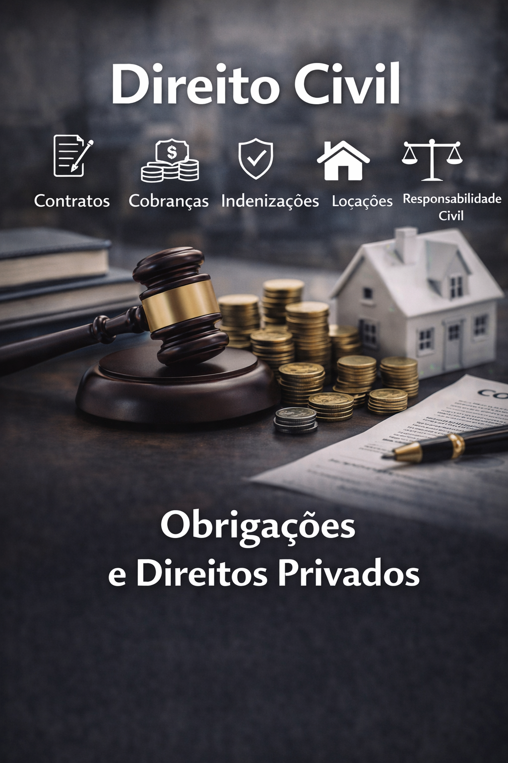 Imagem de um martelo de juiz, moedas empilhadas, uma casa em miniatura, uma caneta, um documento e ícones representando contratos, cobranças, indenizações, locações e responsabilidade civil, relacionada ao direito civil, obrigações e direitos privados.