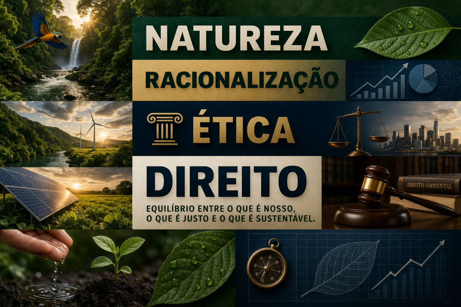Imagem de elementos relacionados à natureza e justiça, incluindo uma cachoeira, energia solar e eólica, uma planta jovem sendo regada, uma balança de justiça, livros de direito, uma folha com gotas de água, um relógio, e gráficos de crescimento, com textos sobre natureza, racionalização, ética e direito.