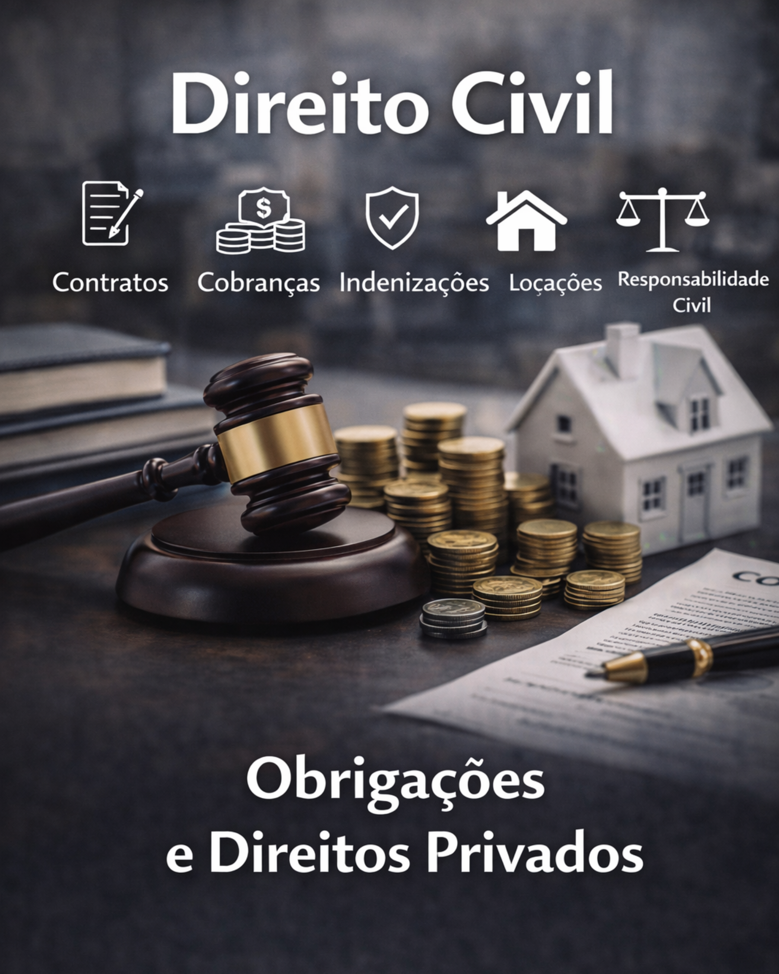 Imagem relacionada ao direito civil, mostrando um martelo de juiz, moedas empilhadas, uma casa em miniatura, uma caneta e um contrato, com textos sobre contratos, cobranças, indenizações, locações, responsabilidade civil e obrigações e direitos privados.
