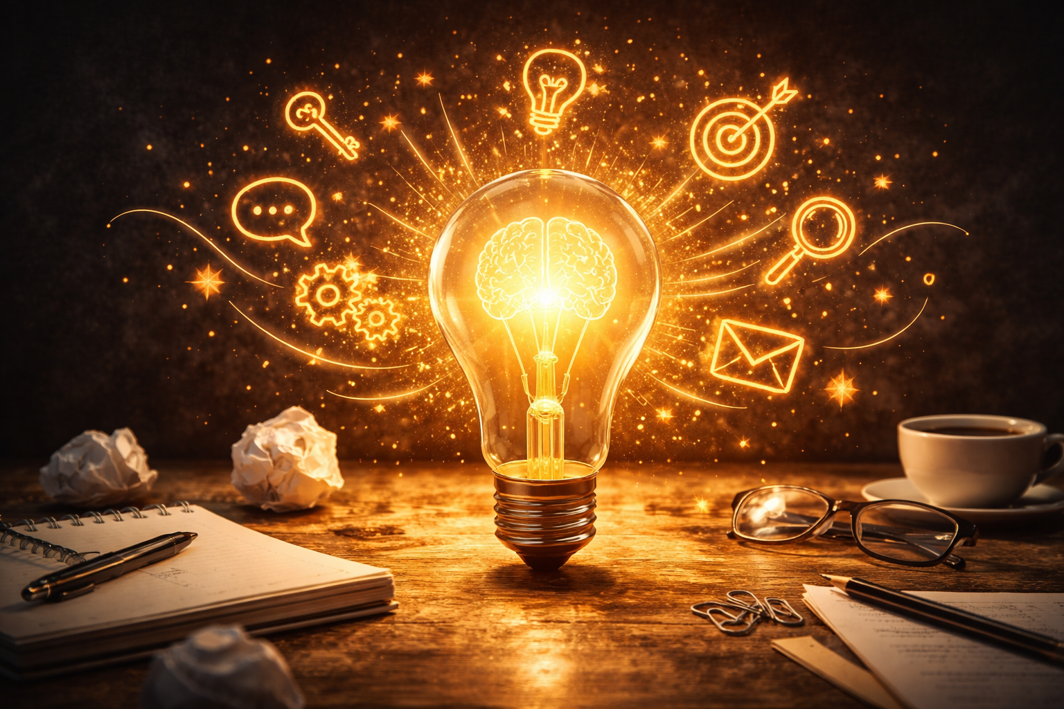 Lâmpada com cérebro brilhante e ícones de criatividade, comunicação, inovação, foco, pesquisa, email e meta ao redor em um ambiente de escritório com papéis, óculos, caneta, caderno e café.
