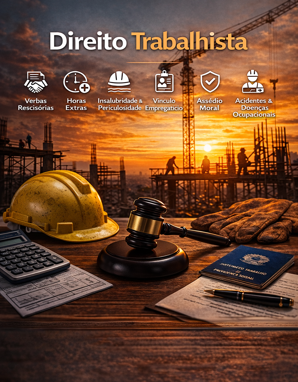 Imagem de um escritório de advocacia trabalhista com óculos, martelo de juiz, mingal de segurança, documento com brasão, bloco para anotações, caneta, luvas e capacete de segurança em uma mesa de madeira. Ao fundo, uma construção em andamento ao pôr do sol.