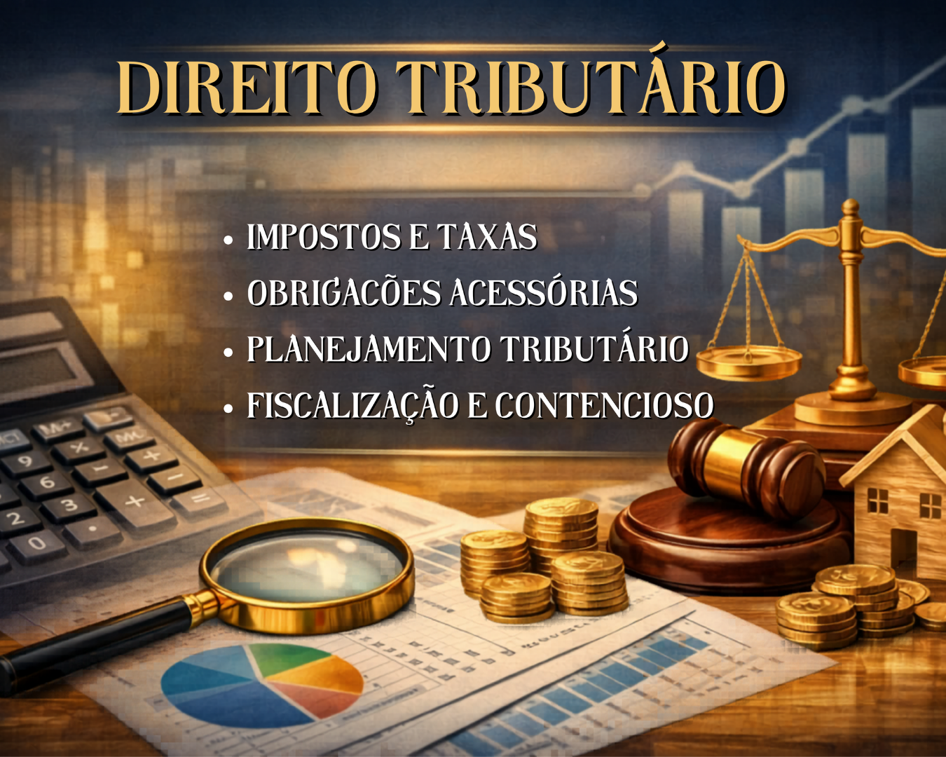 Imagem relacionada ao direito tributário, contendo uma calculadora, uma lupa sobre gráficos, pilhas de moedas, uma balança de justiça, um martelo de juiz, uma casa de papel e gráficos financeiros ao fundo.