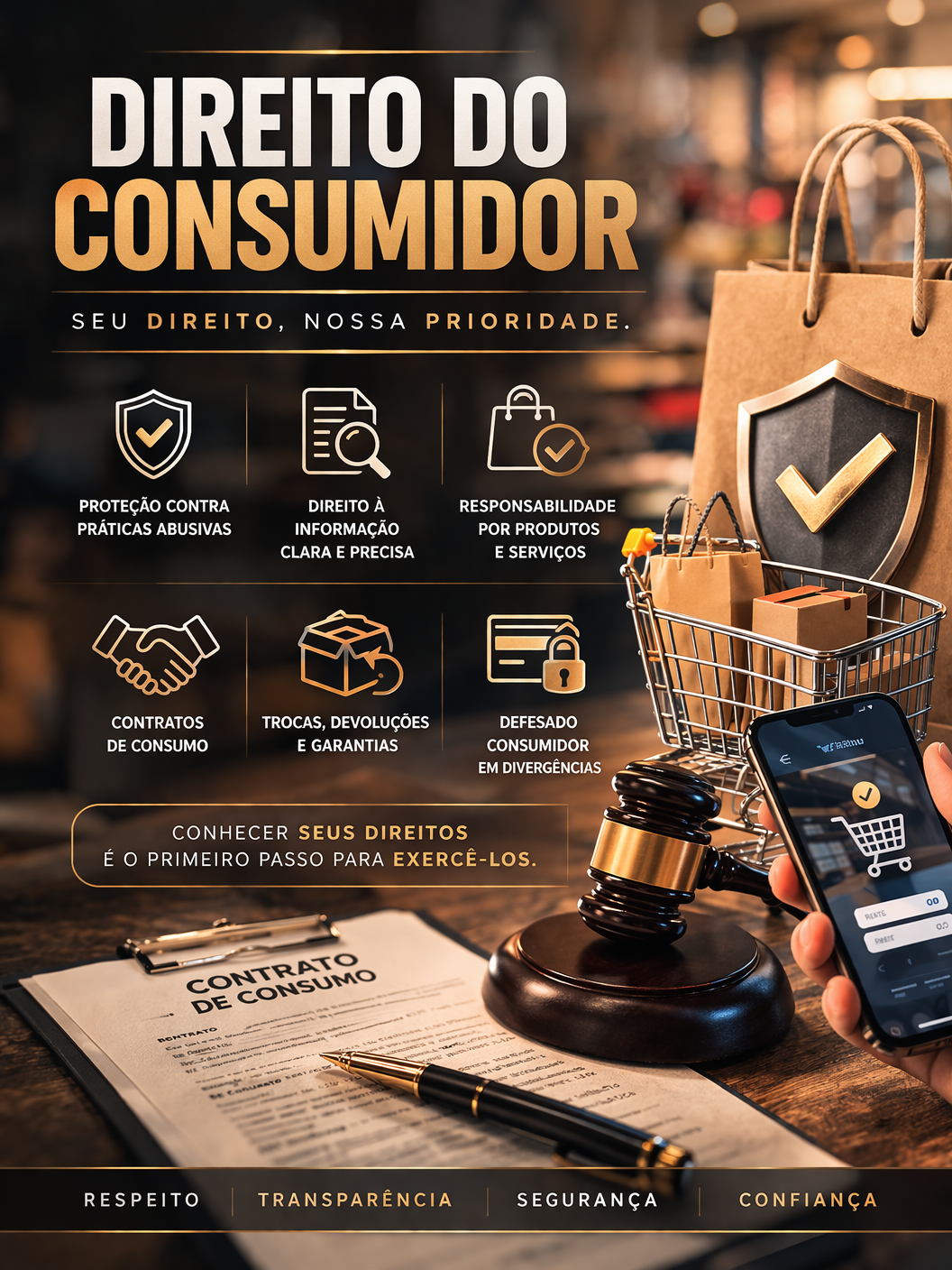 Cartaz informativo sobre o direito do consumidor, destacando proteção contra práticas abusivas, direito à informação clara, responsabilidade por produtos, contratos de consumo, trocas, devoluções e garantias, defesa em divergências, com imagens de carrinho de compras, assinatura de contrato, martelo de juiz, e elementos relacionados ao consumo.