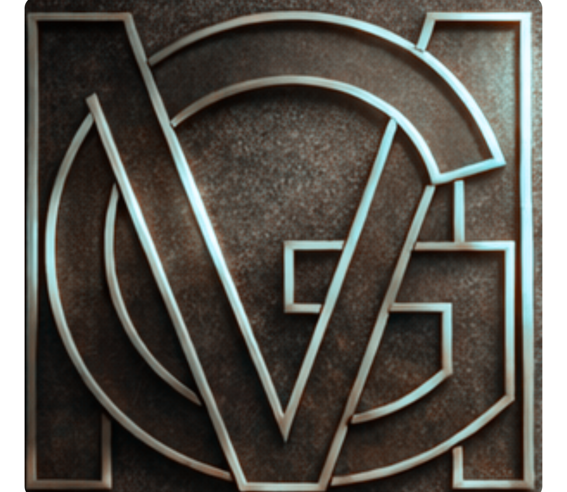 Letreiro de neon com o símbolo do GMA, em fundo de parede de concreto.