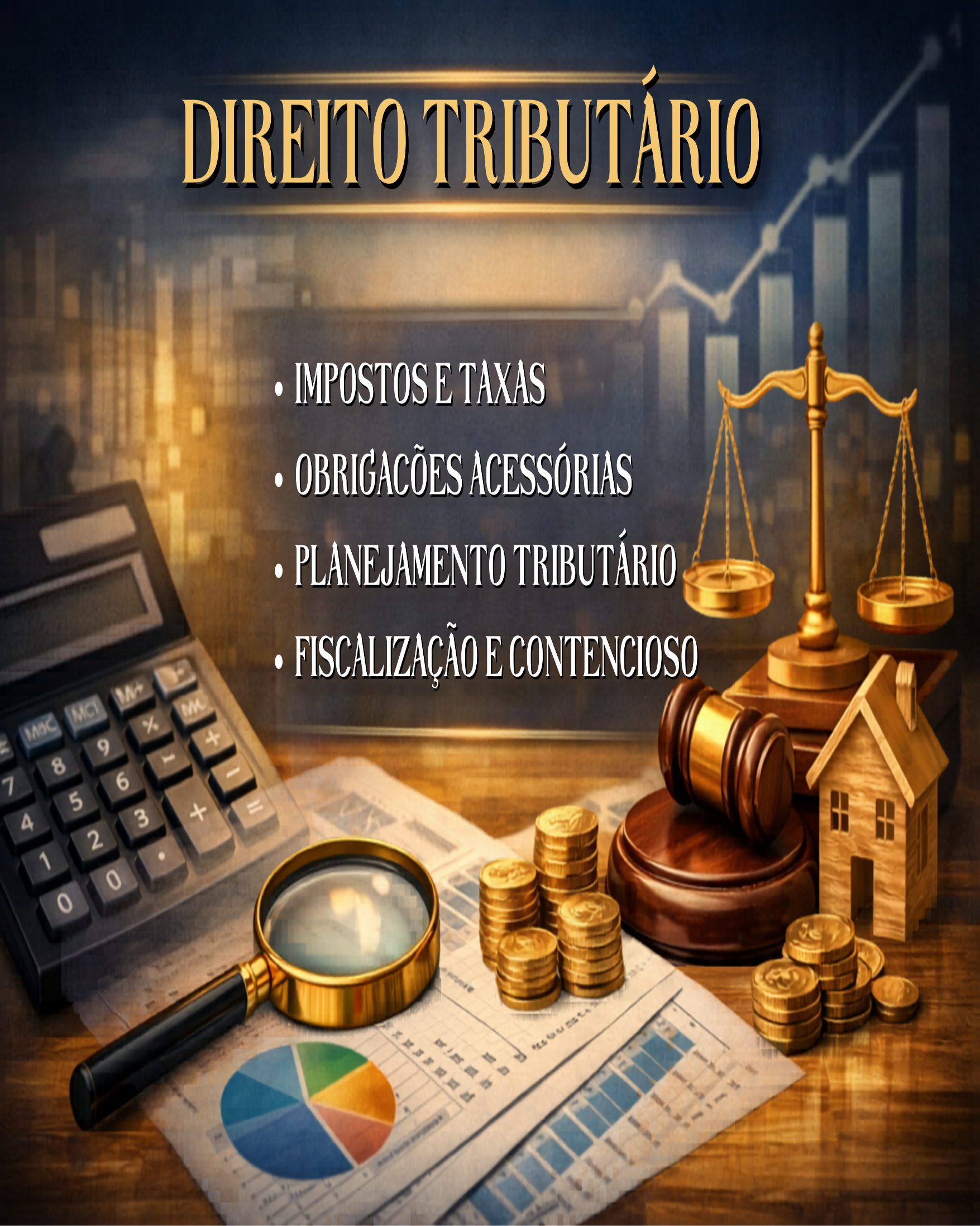 Imagem relacionada ao direito tributário, contendo uma calculadora, uma lupa sobre gráficos, pilhas de moedas, uma balança de justiça, um martelo de juiz, uma casa de madeira, e uma linha crescente em um gráfico ao fundo, com texto sobre imposto e taxas, obrigações acessórias, planejamento tributário, fiscalização e contencioso.