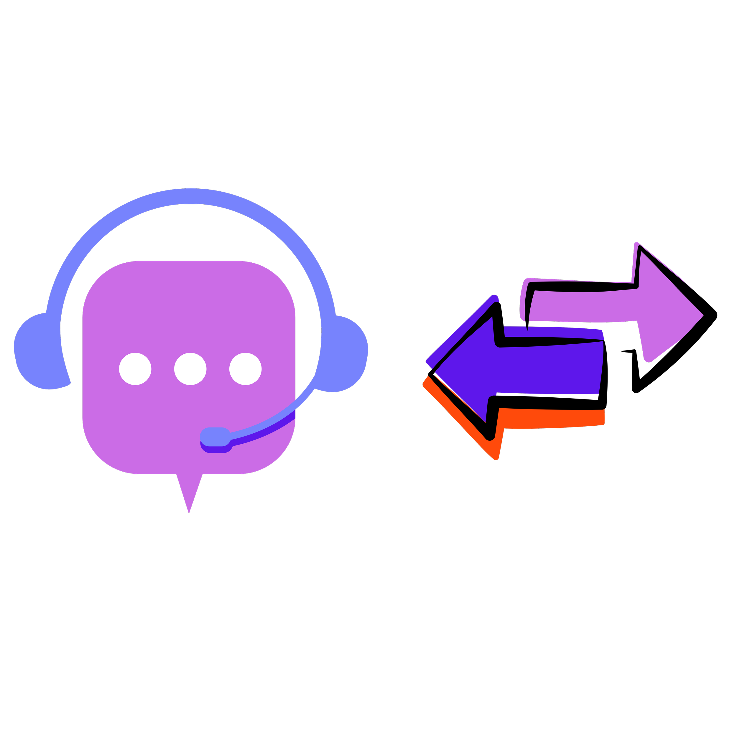 Ícone de suporte ao cliente com fone de ouvido e balão de fala, próximo a setas emDireita, emcores roxo, azul e laranja.