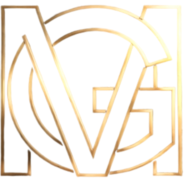Logotipo com letras douradas formando as letras V e G entrelaçadas.