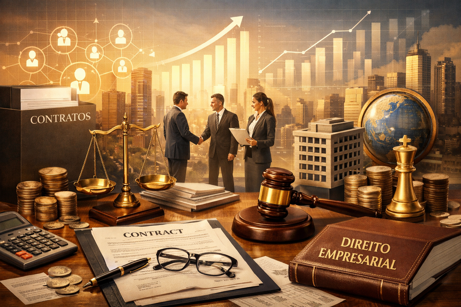 Cena de um escritório com documentos legais, balanças, um martelo de juiz, livros de direito empresarial, uma calculadora, moedas, óculos, uma caneta e uma ficha técnica. Ao fundo, um cenário urbano com gráficos de crescimento e pessoas em contratação, simbolizando negócios e direito empresarial.