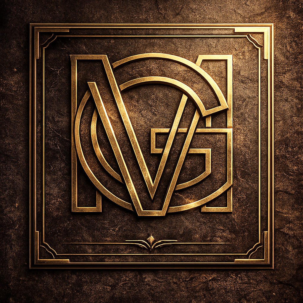 Logotipo com letras douradas formando uma combinação estilizada em fundo de textura escura.