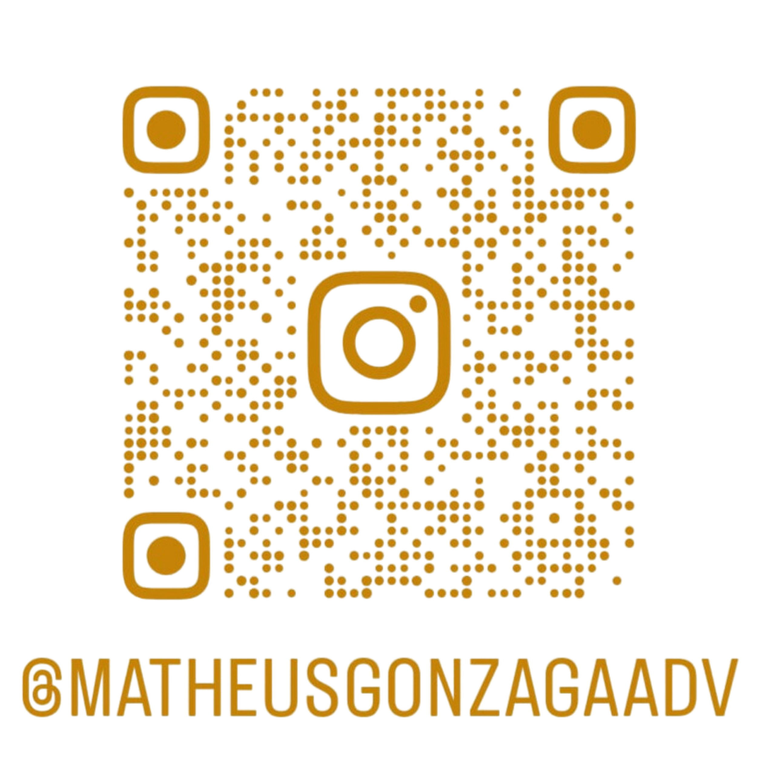 Código QR dourado com o texto '@MATHIUSGONZAGAADV' abaixo.