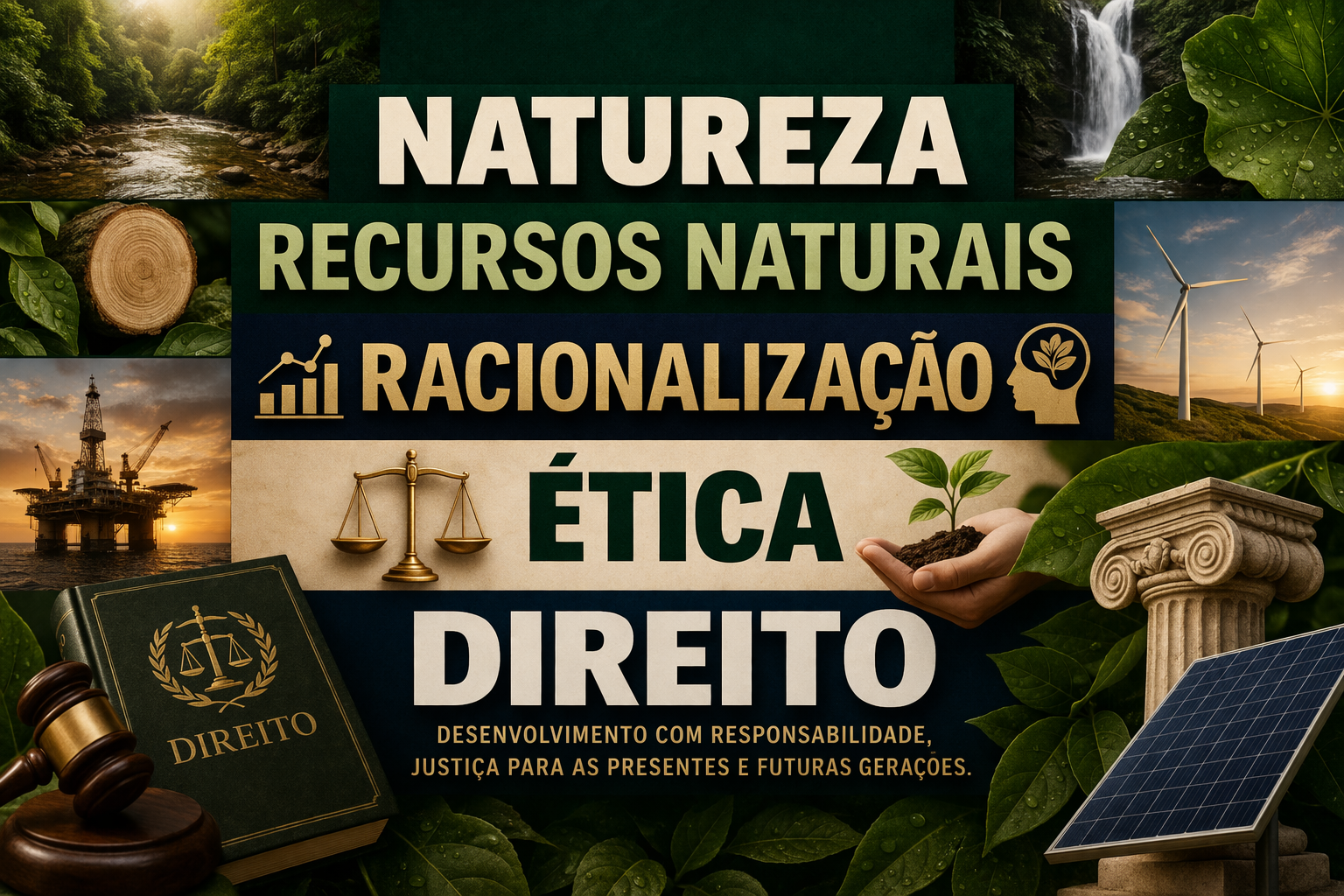 Imagem com várias palavras relacionadas à natureza, recursos naturais, ética, direito e responsabilidade social, junto de elementos visuais como rios, floresta, energia e símbolos de justiça e sustentabilidade.