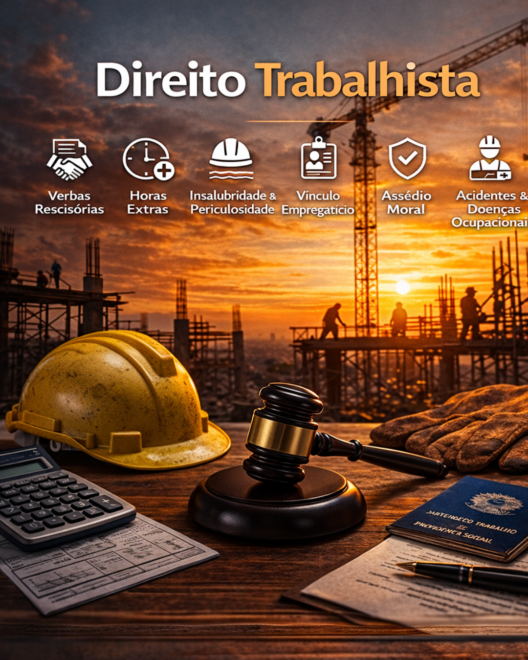 Imagem de um site ou cartaz sobre Direito Trabalhista, com ícones representando verbas rescisórias, horas extras, insalubridade e periculosidade, vínculo empregatício, assédio moral, acidentes e doenças ocupacionais. Na mesa, há um capacete de segurança, um martelo de juiz, uma calculadora, documentos, uma carteira de trabalho e um cipó, com uma obra ao pôr do sol ao fundo.