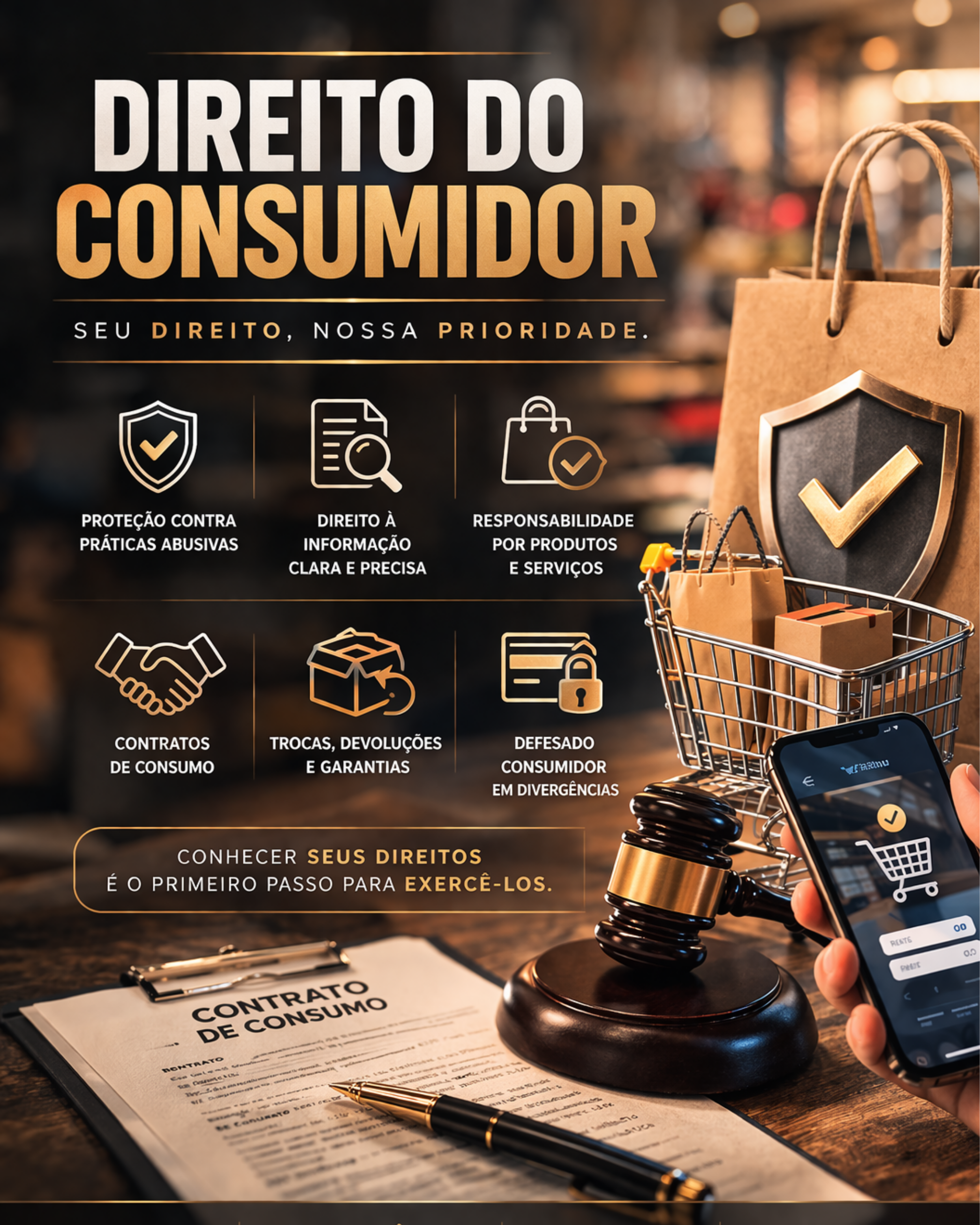 Imagem com texto sobre os direitos do consumidor, incluindo proteção contra práticas abusivas, direito à informação clara, responsabilidade por produtos e serviços, contratos de consumo, trocas e garantias, e defesa do consumidor em divergências, com uma sacola de compras, um telefone com símbolo de compra, um martelo de juiz, e um contrato de consumo na mesa.